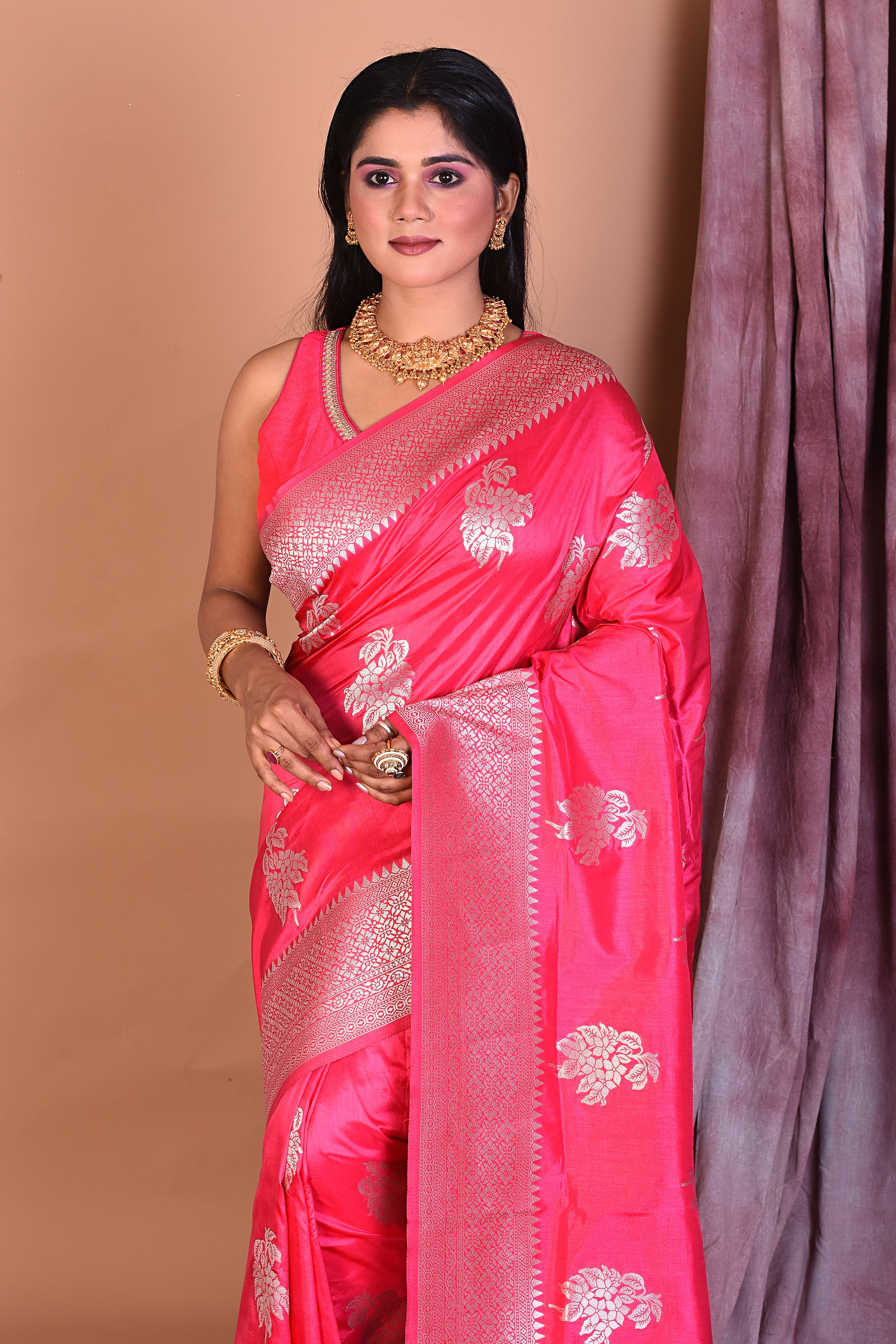 Rani Art Silk Saree with Golden Borders - Keya Seth Exclusive