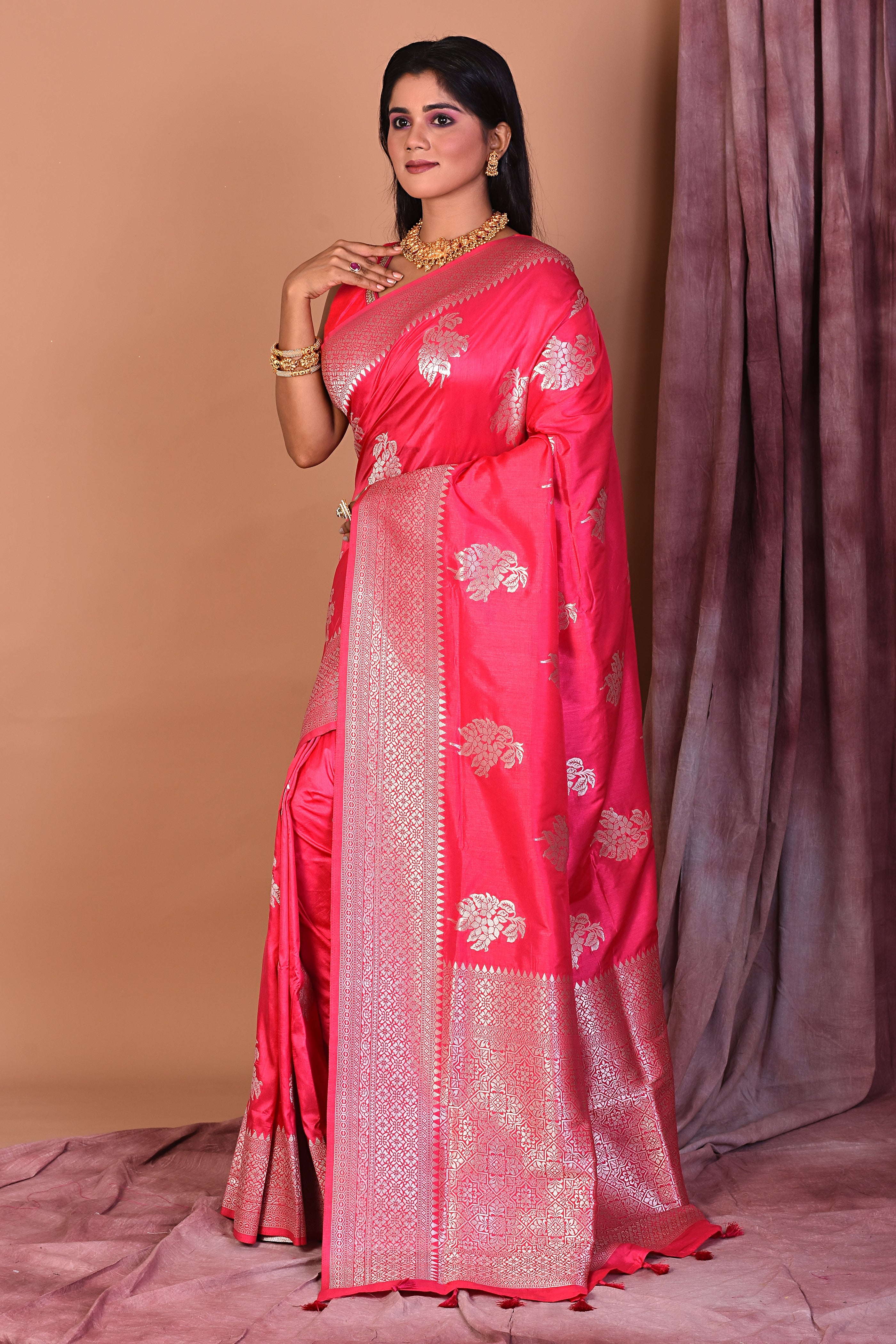 Rani Art Silk Saree with Golden Borders - Keya Seth Exclusive