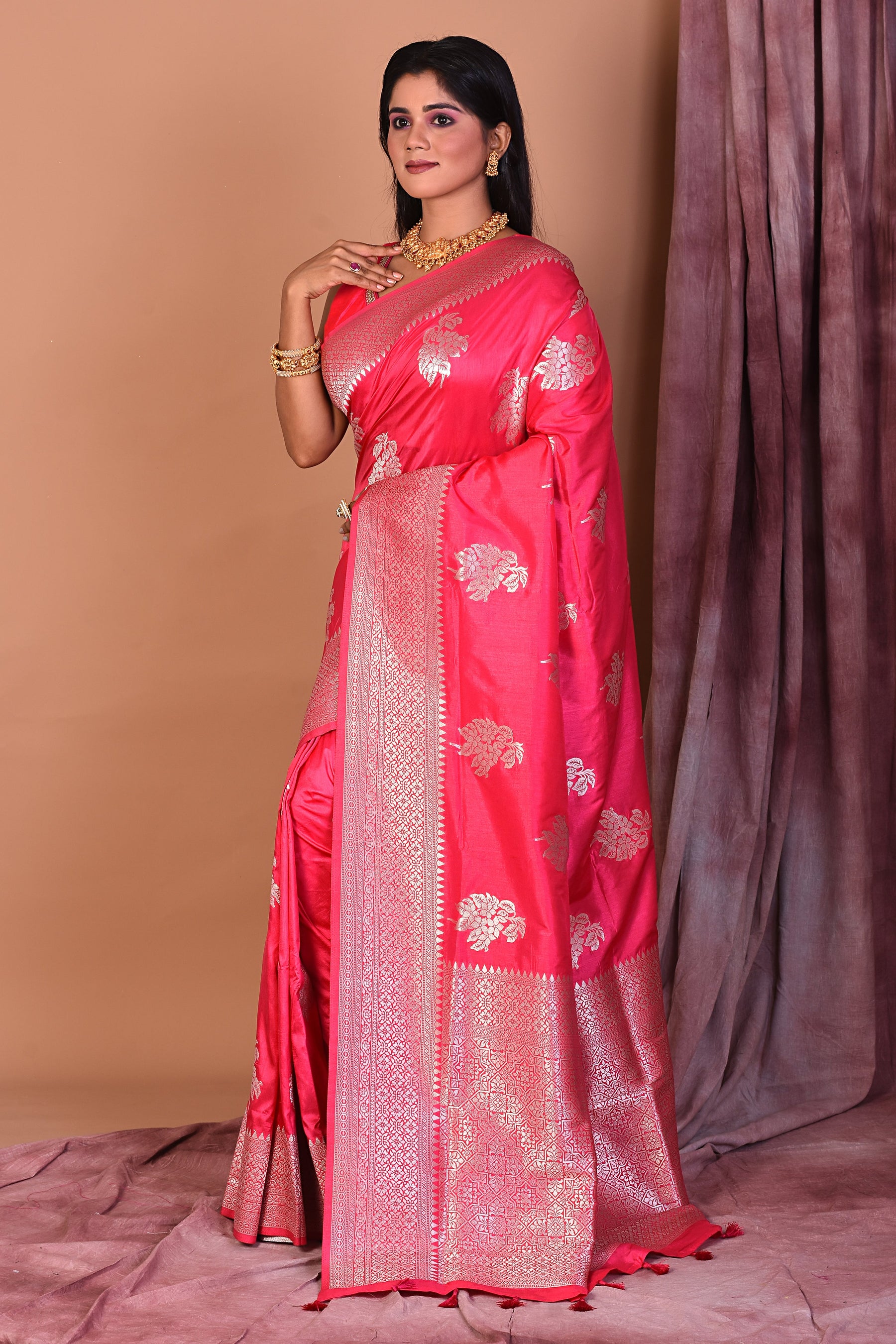 Rani Art Silk Saree with Golden Borders - Keya Seth Exclusive