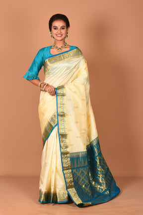 Offwhite and Blue Pure Kanjivaram Saree - Keya Seth Exclusive