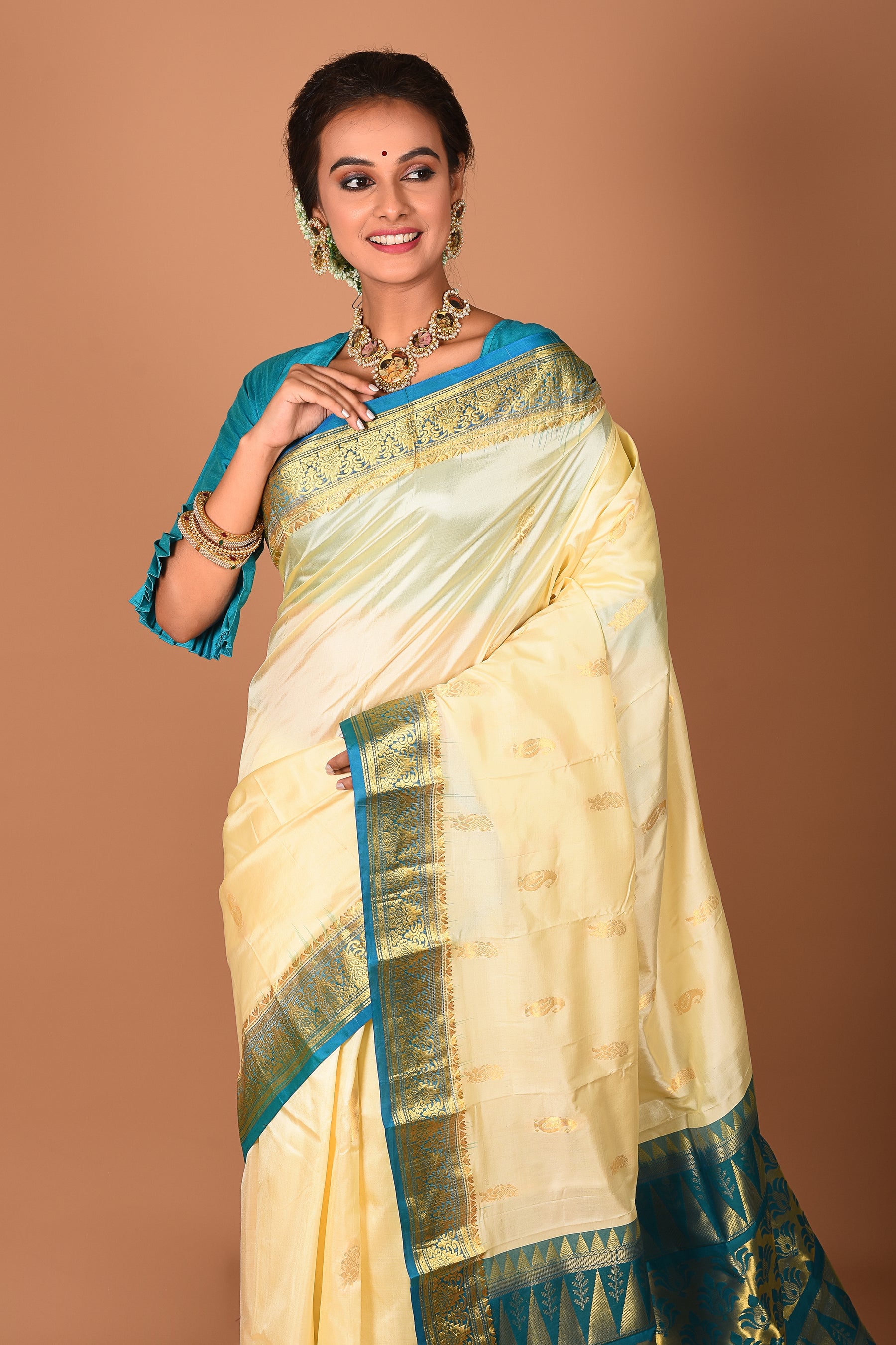 Offwhite and Blue Pure Kanjivaram Saree - Keya Seth Exclusive