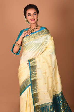 Offwhite and Blue Pure Kanjivaram Saree - Keya Seth Exclusive