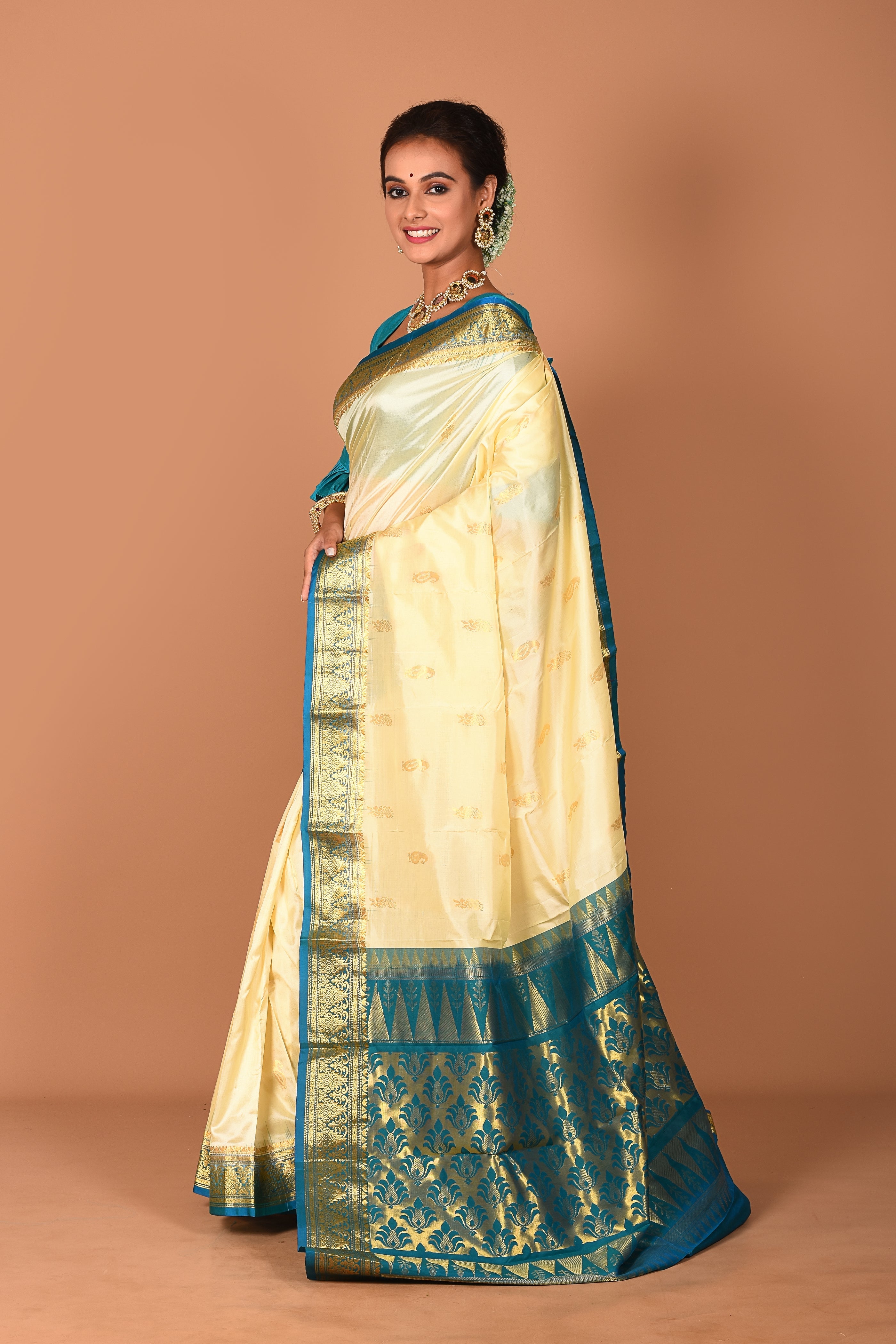 Offwhite and Blue Pure Kanjivaram Saree - Keya Seth Exclusive