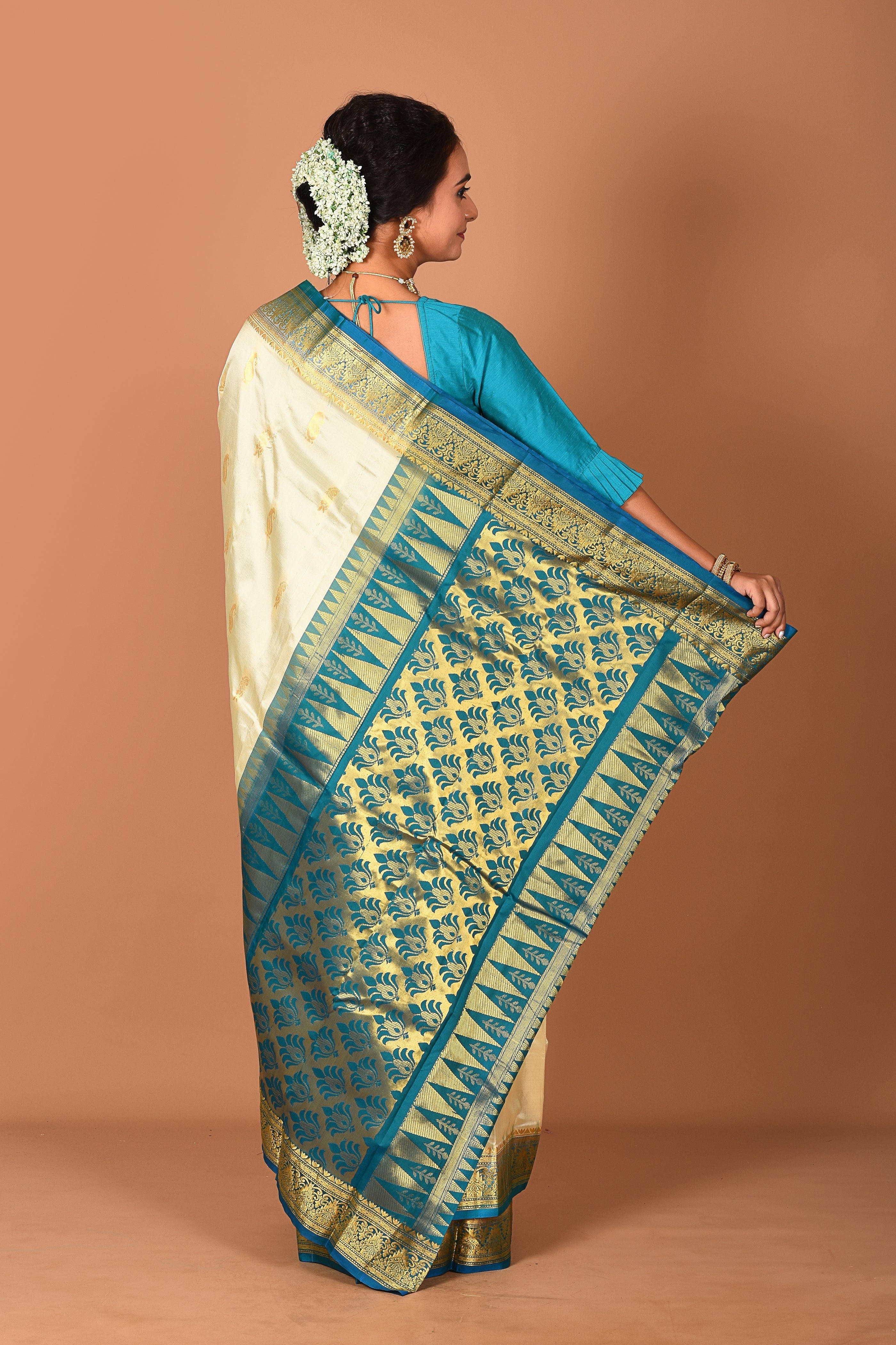 Offwhite and Blue Pure Kanjivaram Saree - Keya Seth Exclusive