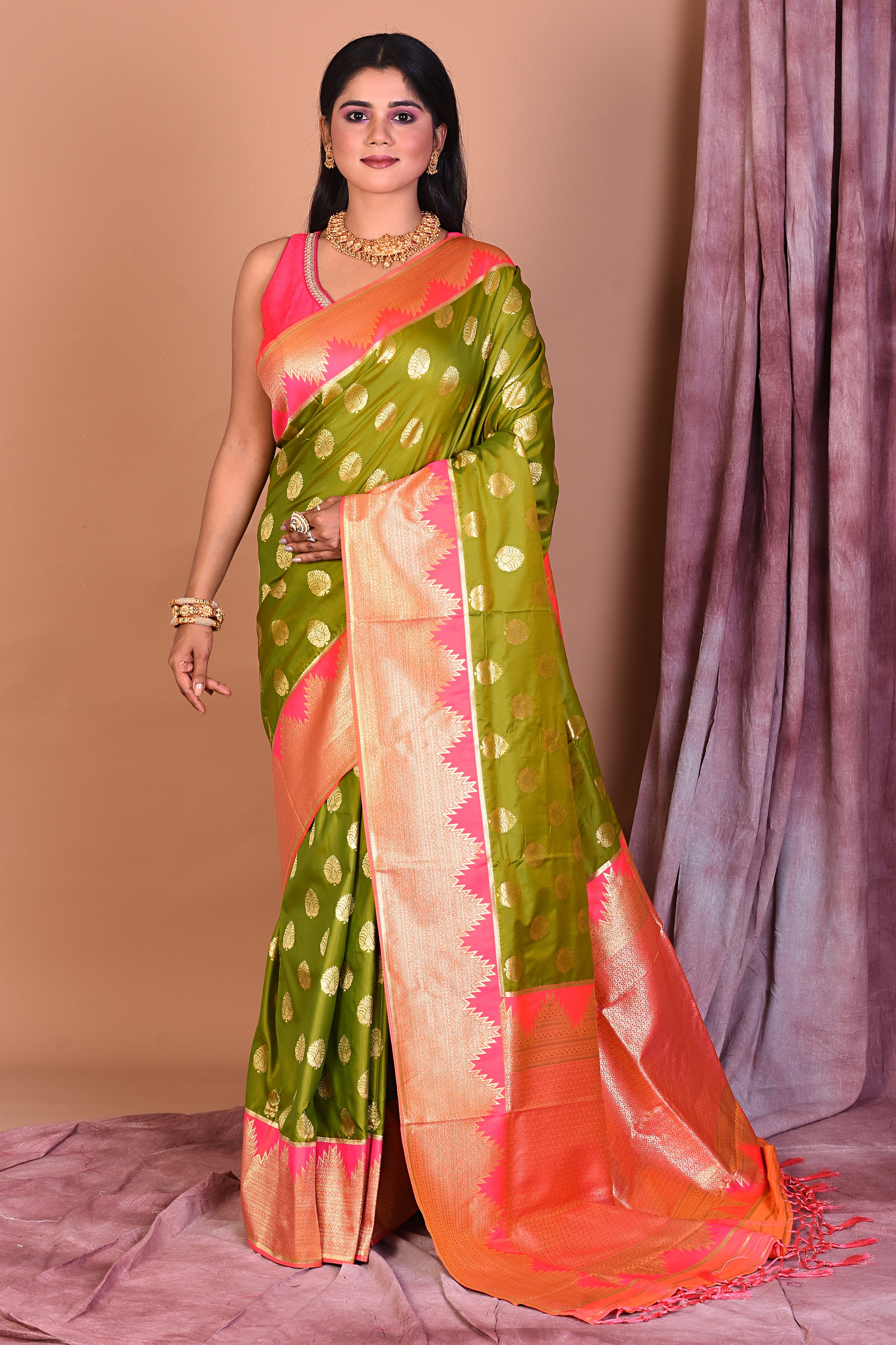 Dual Tone Leaf Green Blended Semi Katan Saree with Peach Border - Keya Seth Exclusive