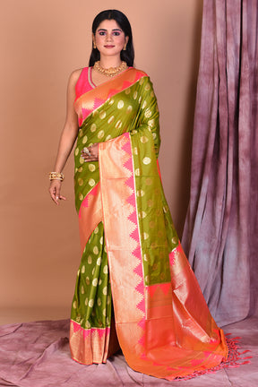 Dual Tone Leaf Green Blended Semi Katan Saree with Peach Border - Keya Seth Exclusive