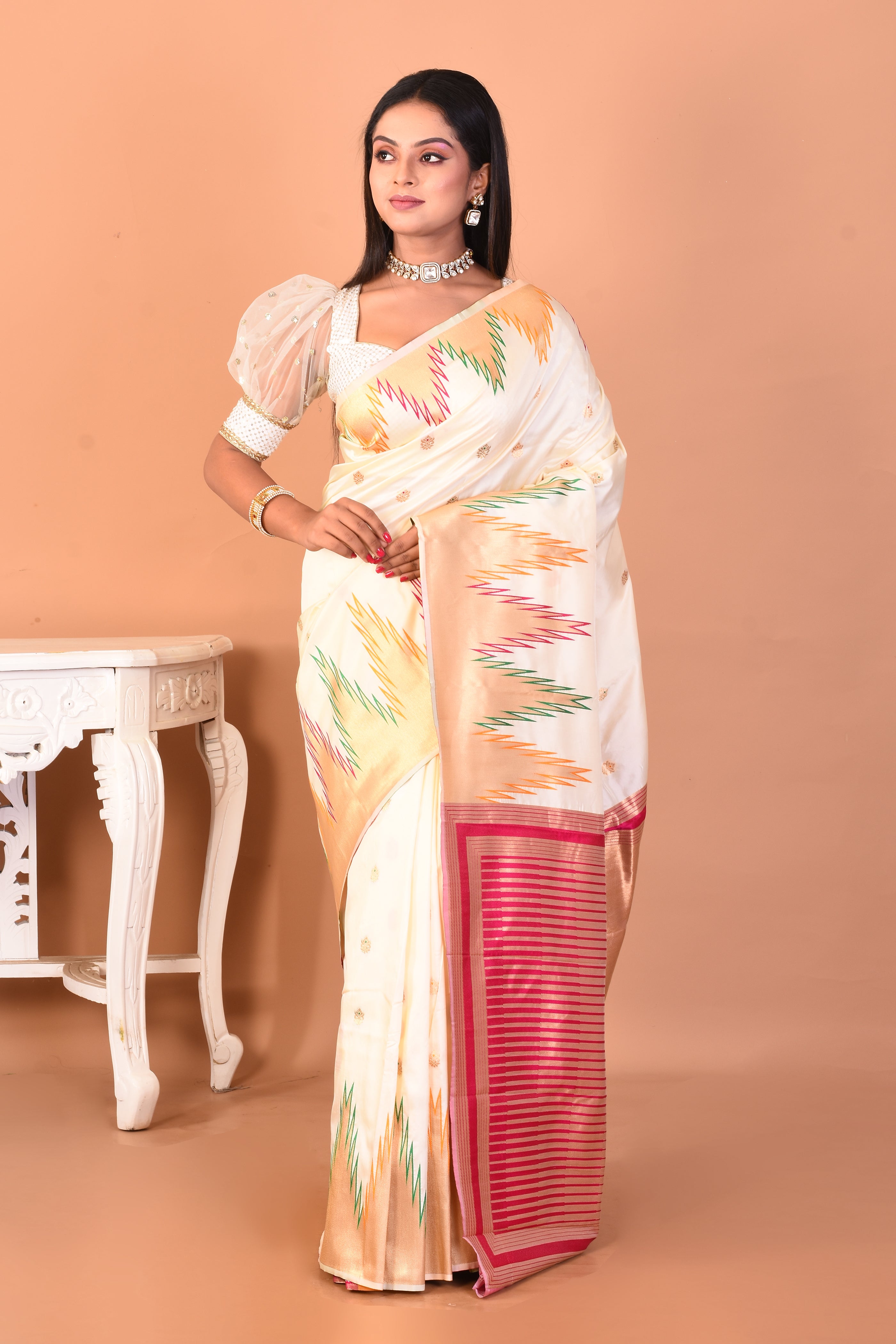 White Blended Kanjivaram Silk Saree with Temple Borders - Keya Seth Exclusive