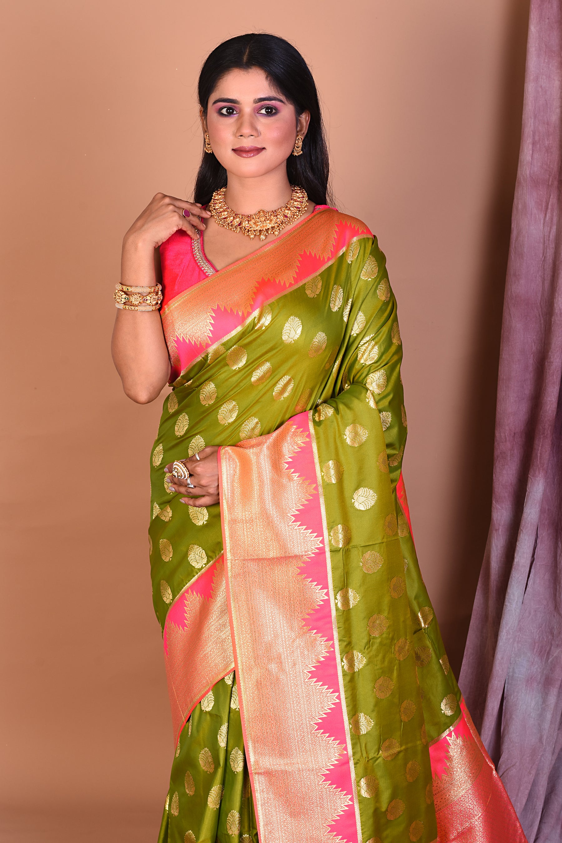 Dual Tone Leaf Green Blended Semi Katan Saree with Peach Border - Keya Seth Exclusive