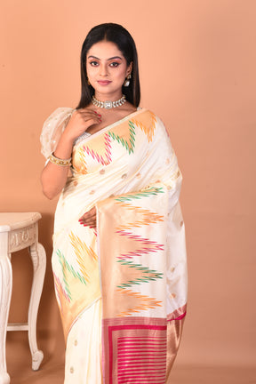 White Blended Kanjivaram Silk Saree with Temple Borders - Keya Seth Exclusive