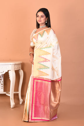 White Blended Kanjivaram Silk Saree with Temple Borders - Keya Seth Exclusive