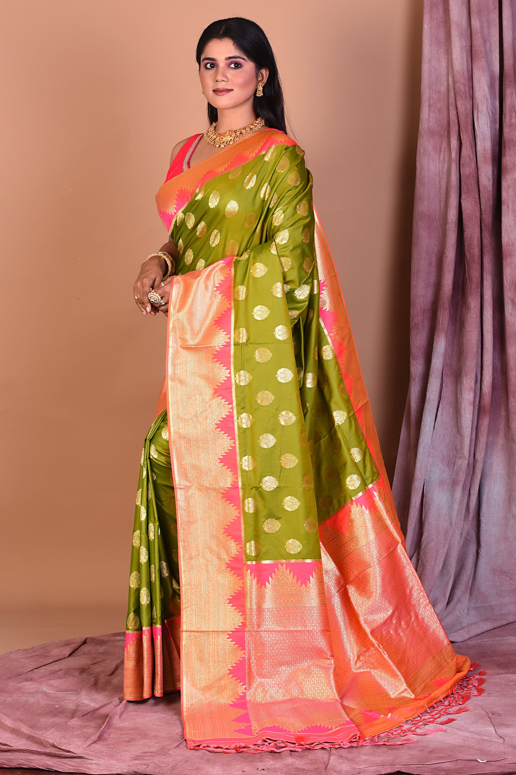 Dual Tone Leaf Green Blended Semi Katan Saree with Peach Border - Keya Seth Exclusive