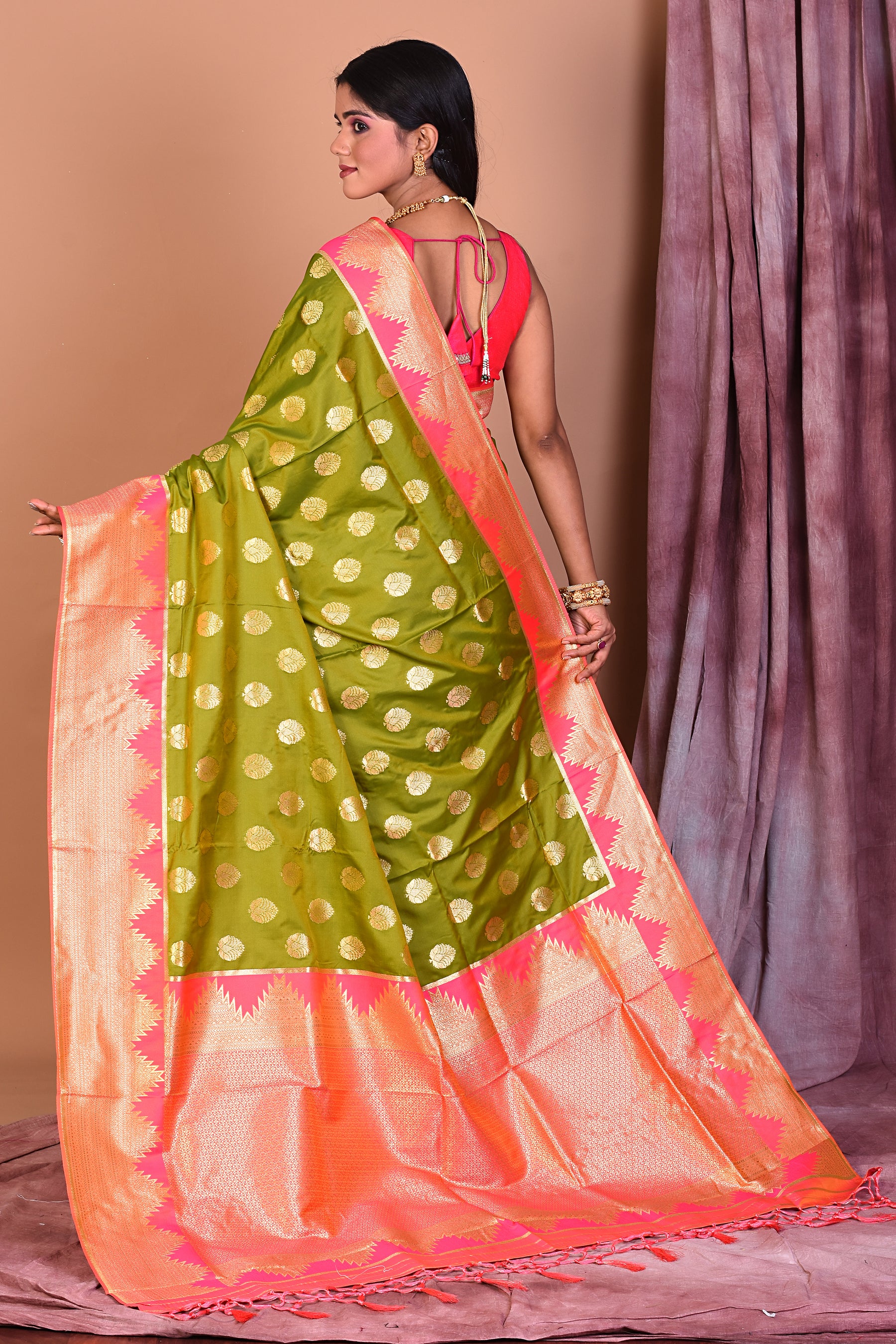 Dual Tone Leaf Green Blended Semi Katan Saree with Peach Border - Keya Seth Exclusive