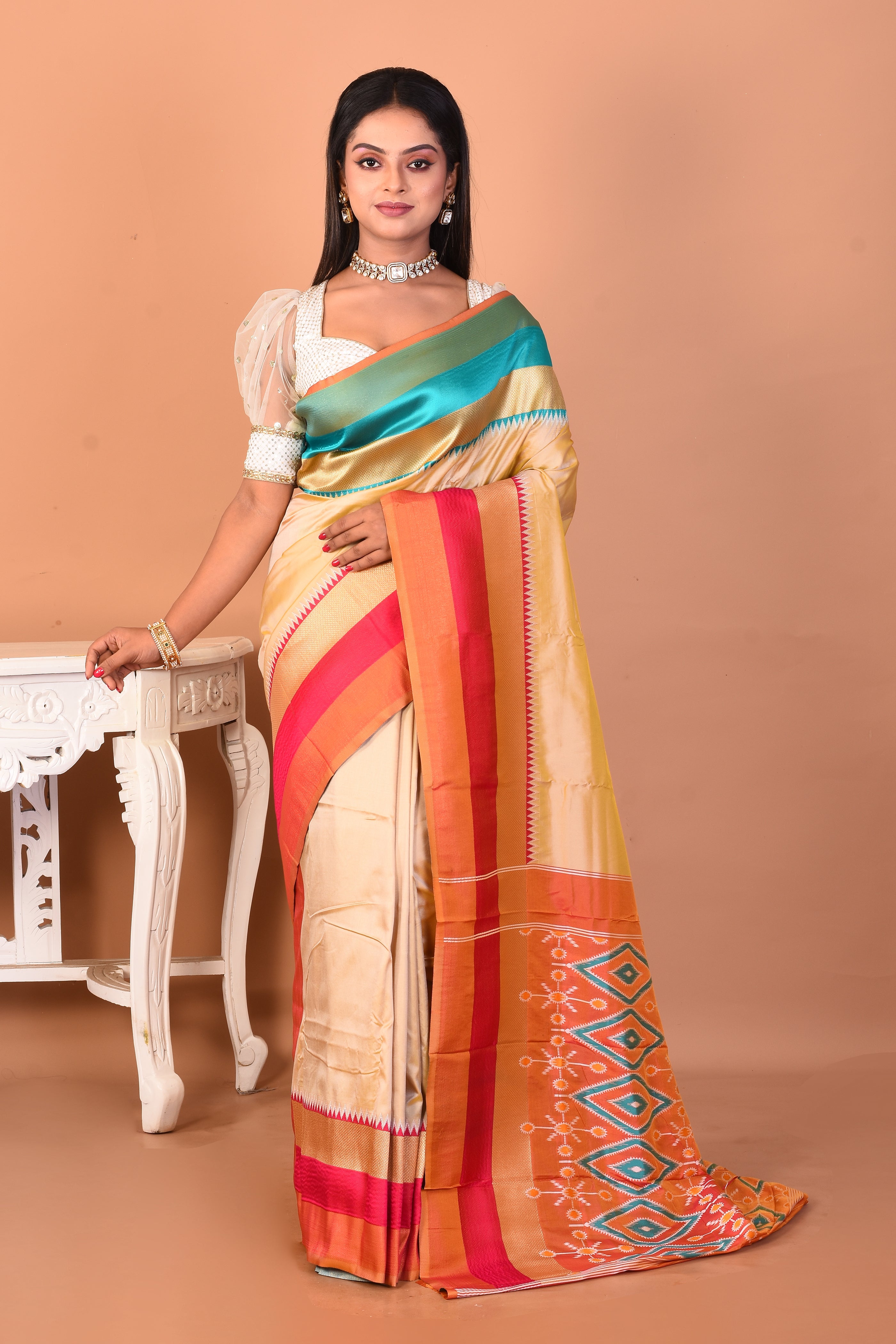 Beige Blended Ikkat Silk Saree - Keya Seth Exclusive