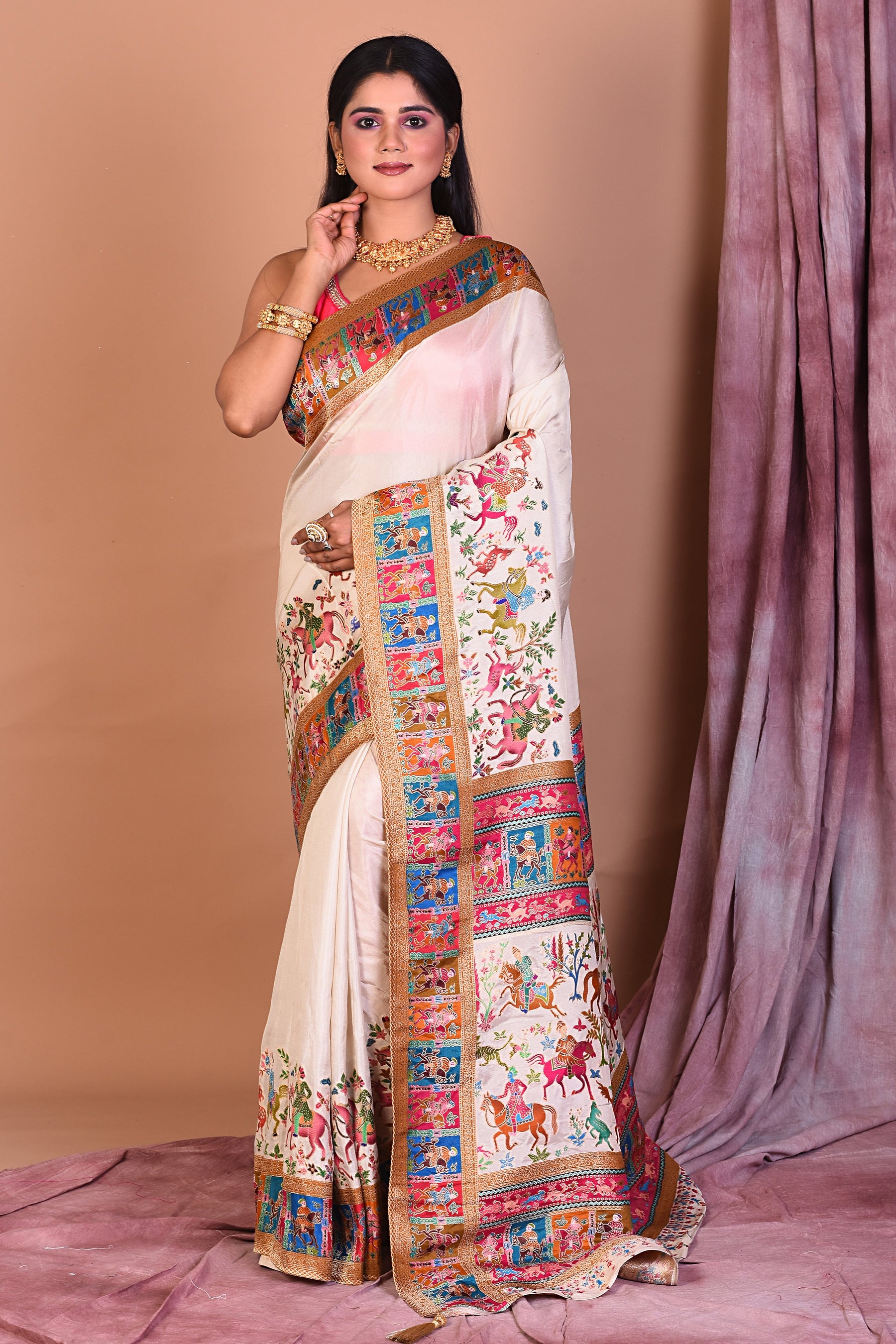 Designer Off-white Blended Silk Saree with Threadwork - Keya Seth Exclusive