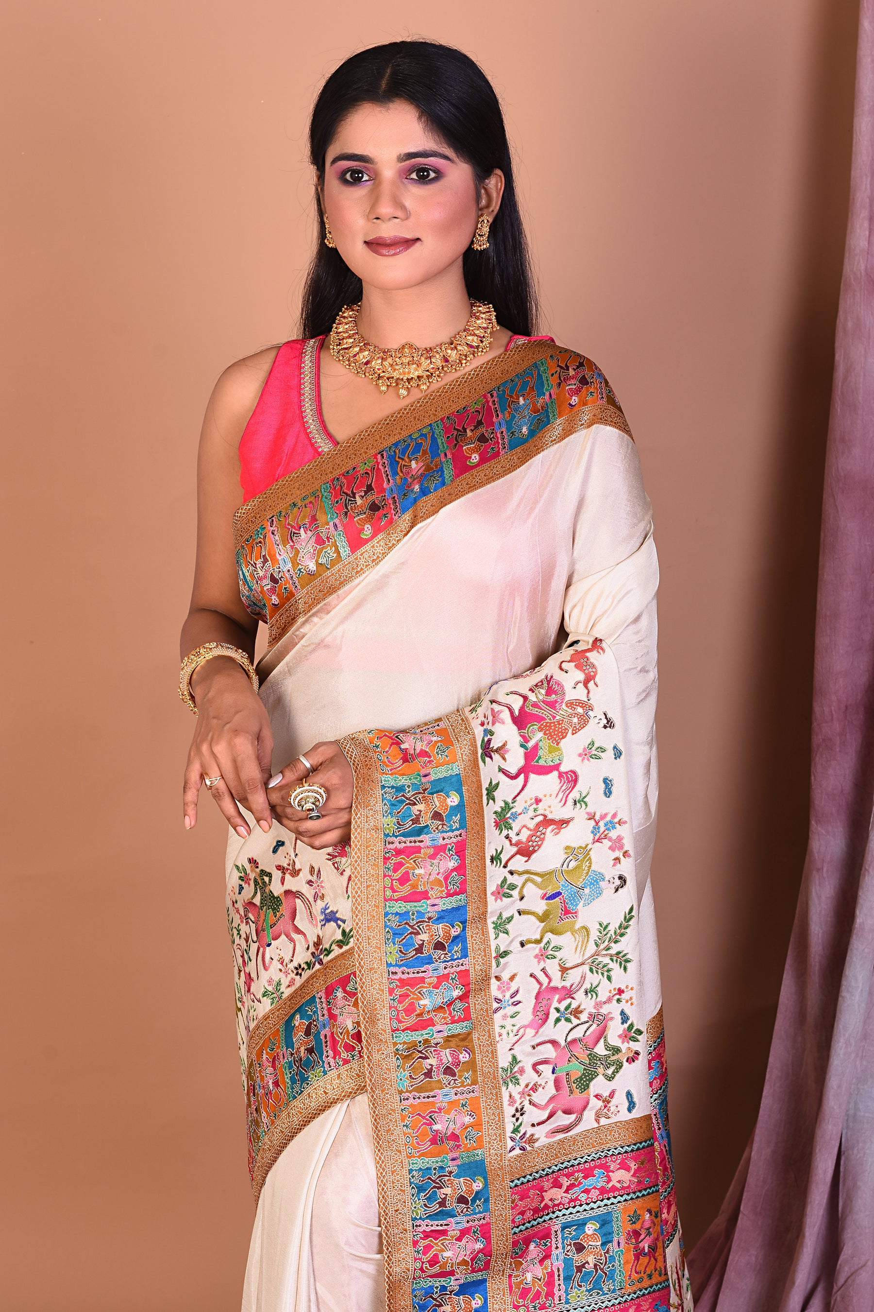 Designer Off-white Blended Silk Saree with Threadwork - Keya Seth Exclusive