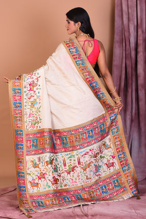 Designer Off-white Blended Silk Saree with Threadwork - Keya Seth Exclusive