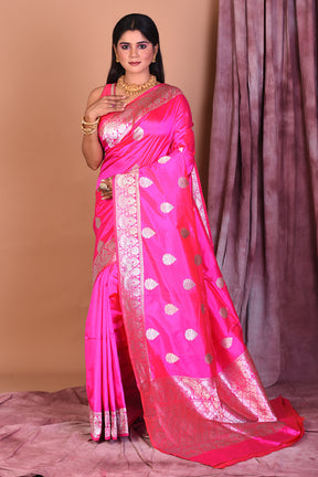 Deep Pink Pure Katan Saree with Golden Borders - Keya Seth Exclusive