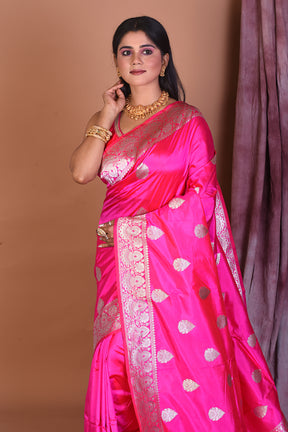 Deep Pink Pure Katan Saree with Golden Borders - Keya Seth Exclusive