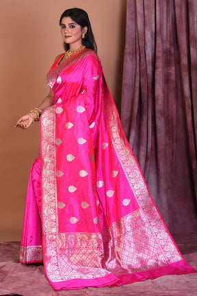 Deep Pink Pure Katan Saree with Golden Borders - Keya Seth Exclusive