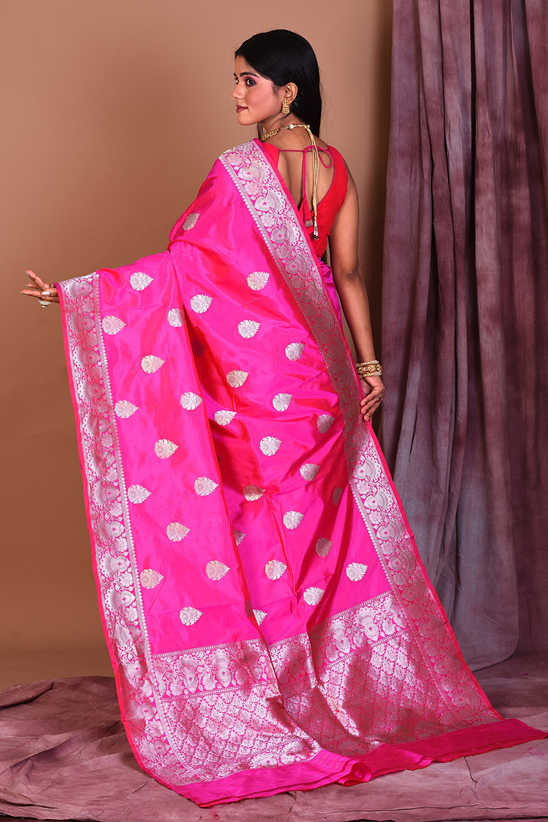 Deep Pink Pure Katan Saree with Golden Borders - Keya Seth Exclusive