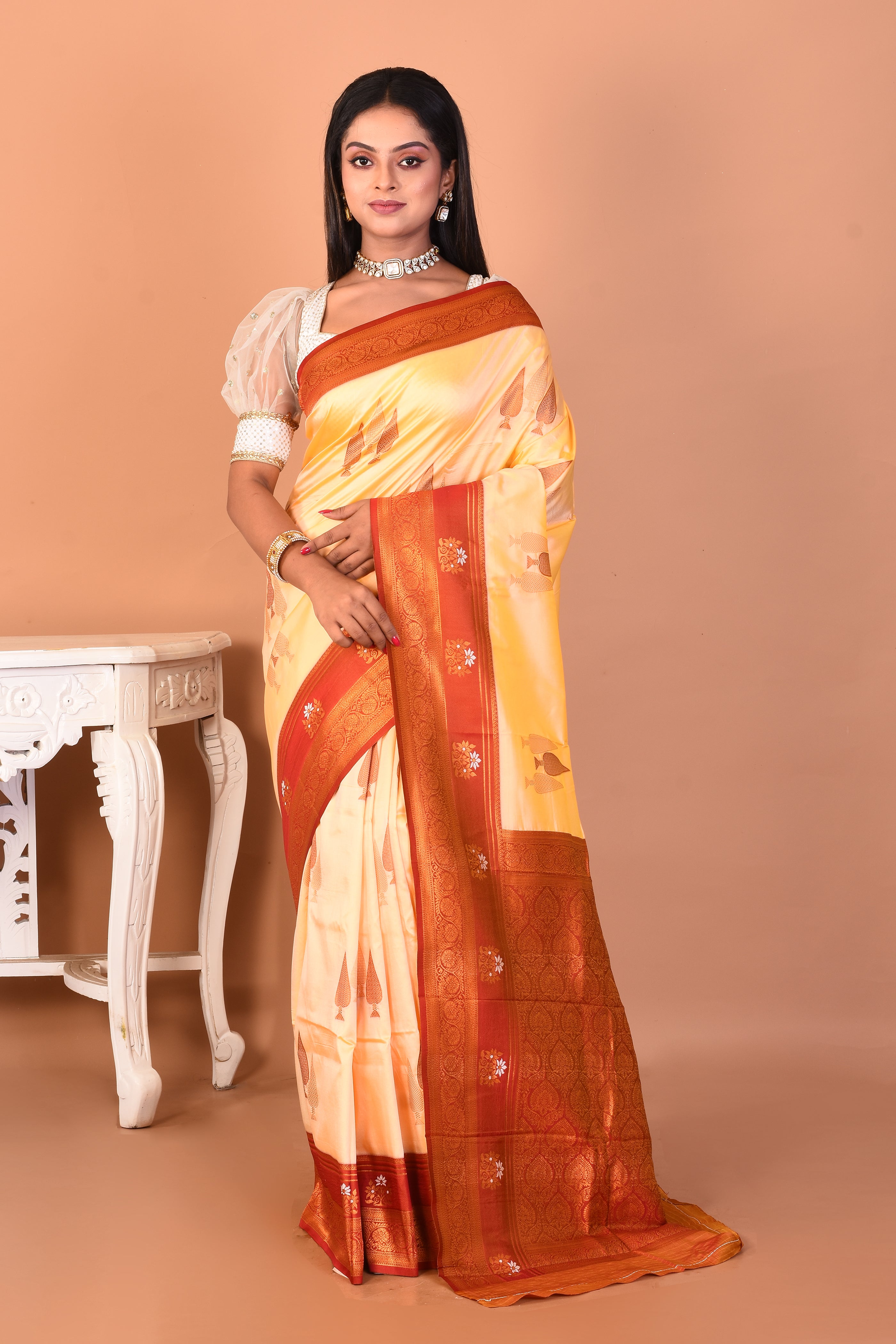 Cream Blended Katan Silk Saree - Keya Seth Exclusive
