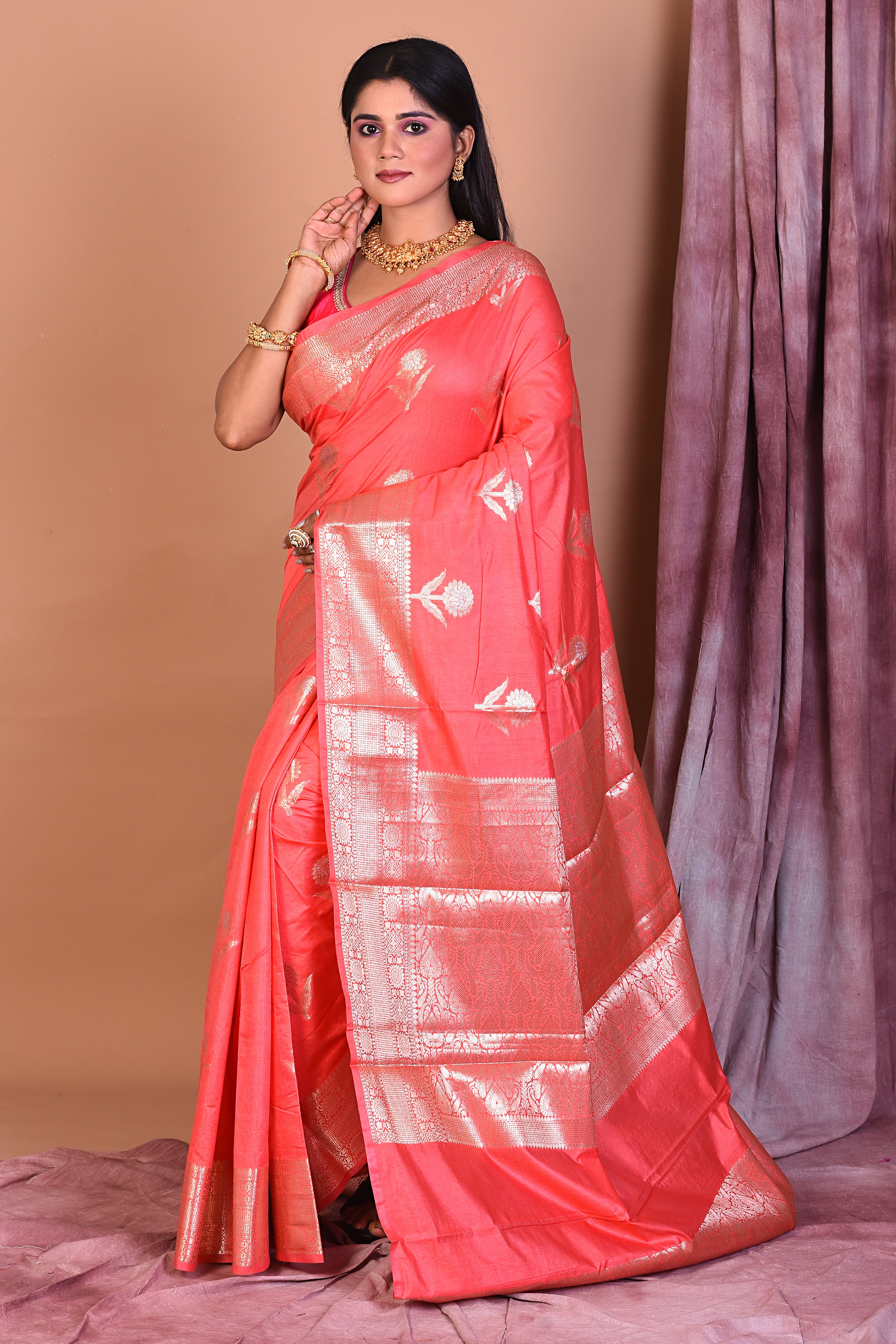 Peach Blended Semi Katan Saree with Golden Border - Keya Seth Exclusive