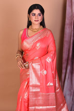 Load image into Gallery viewer, Peach Blended Semi Katan Saree with Golden Border - Keya Seth Exclusive
