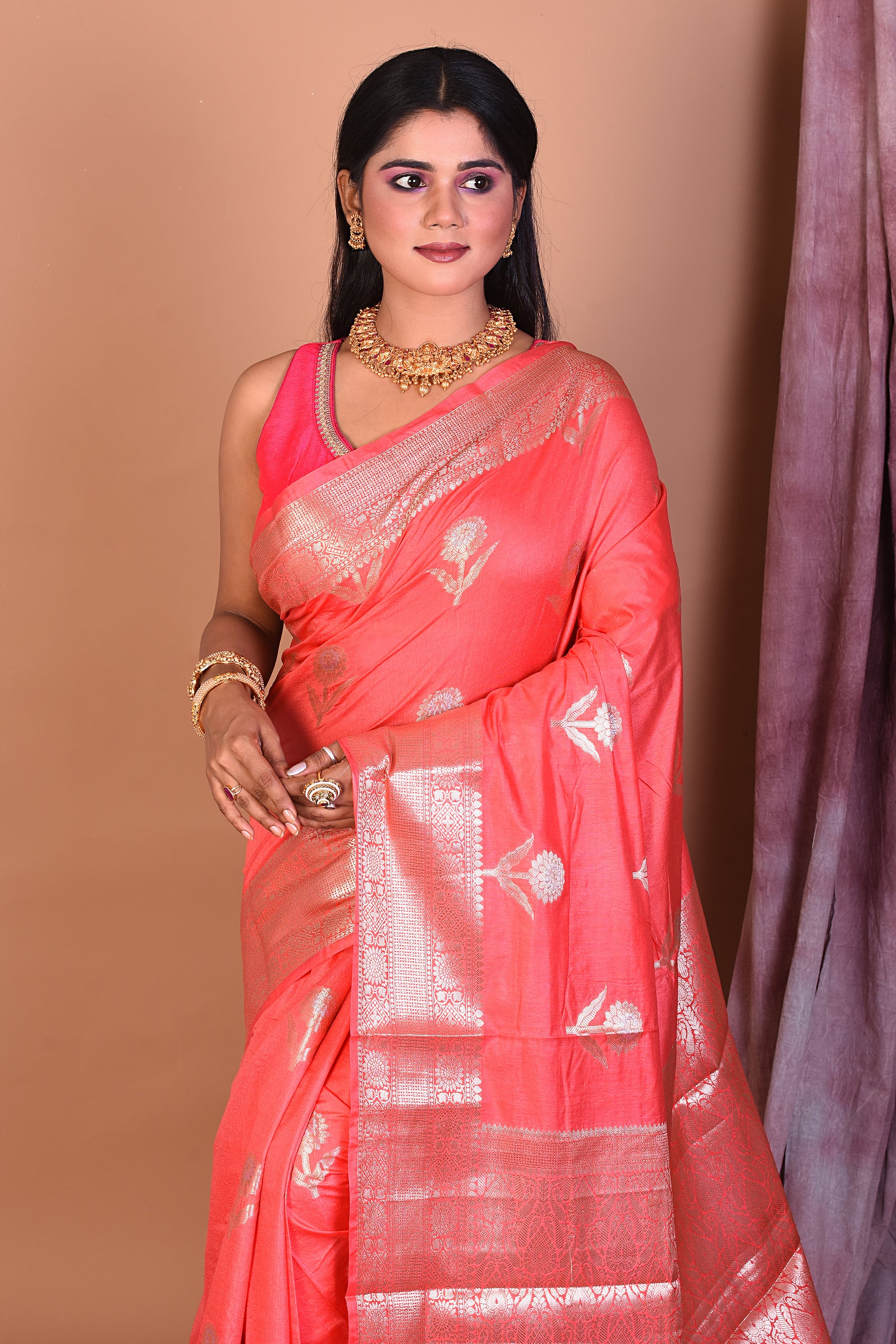 Peach Blended Semi Katan Saree with Golden Border - Keya Seth Exclusive