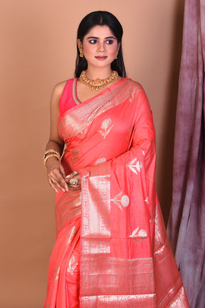 Peach Blended Semi Katan Saree with Golden Border - Keya Seth Exclusive