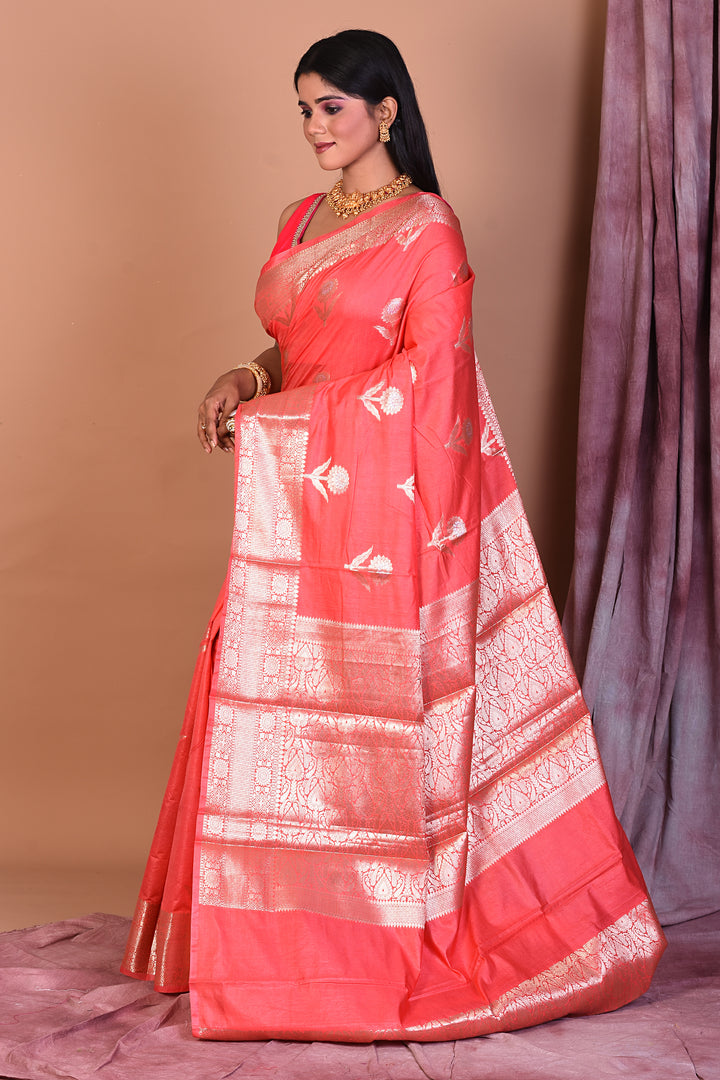 Peach Blended Semi Katan Saree with Golden Border - Keya Seth Exclusive