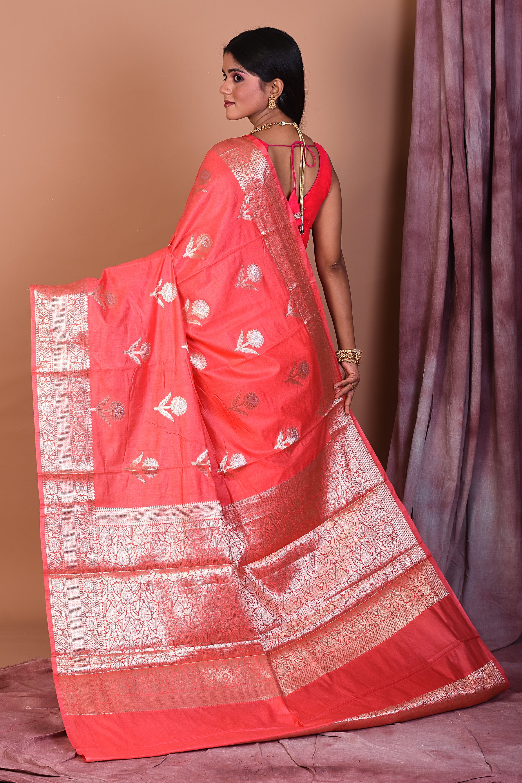 Peach Blended Semi Katan Saree with Golden Border - Keya Seth Exclusive