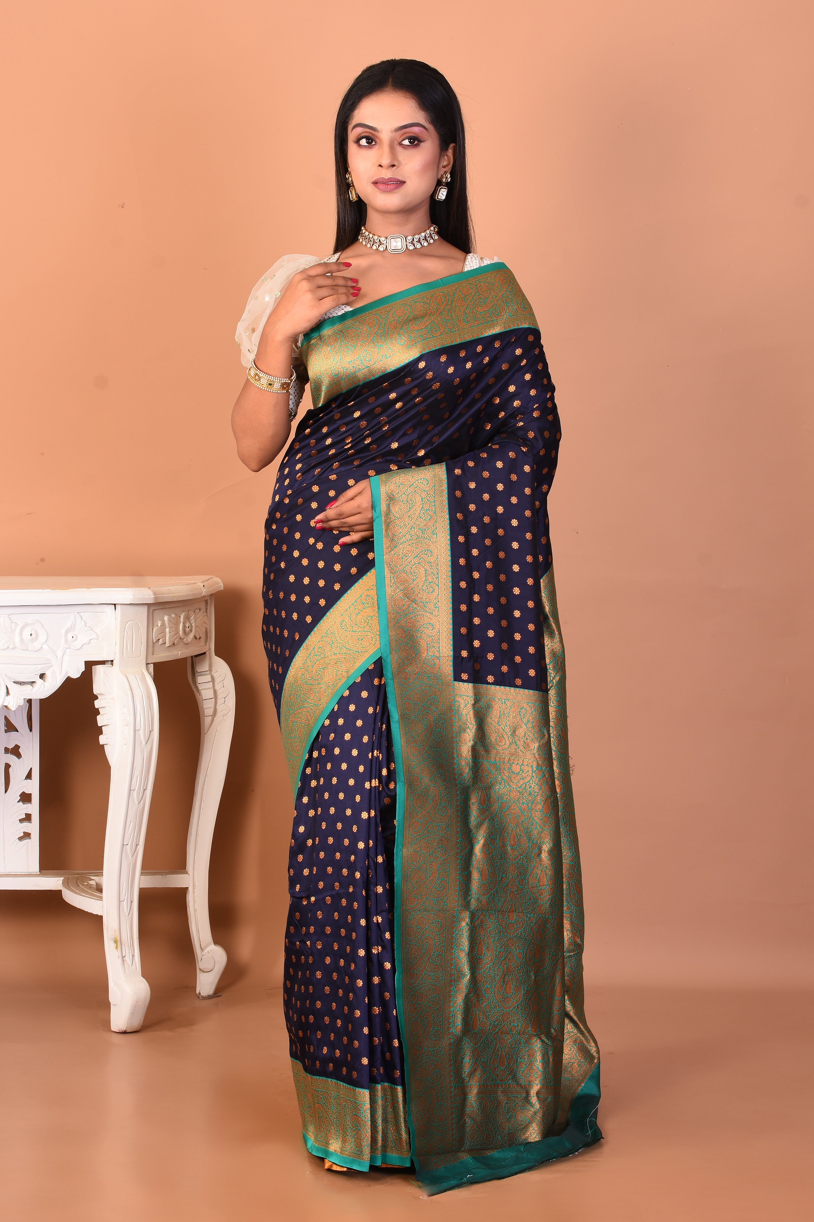 Navy Blue Blended Katan Silk Saree - Keya Seth Exclusive