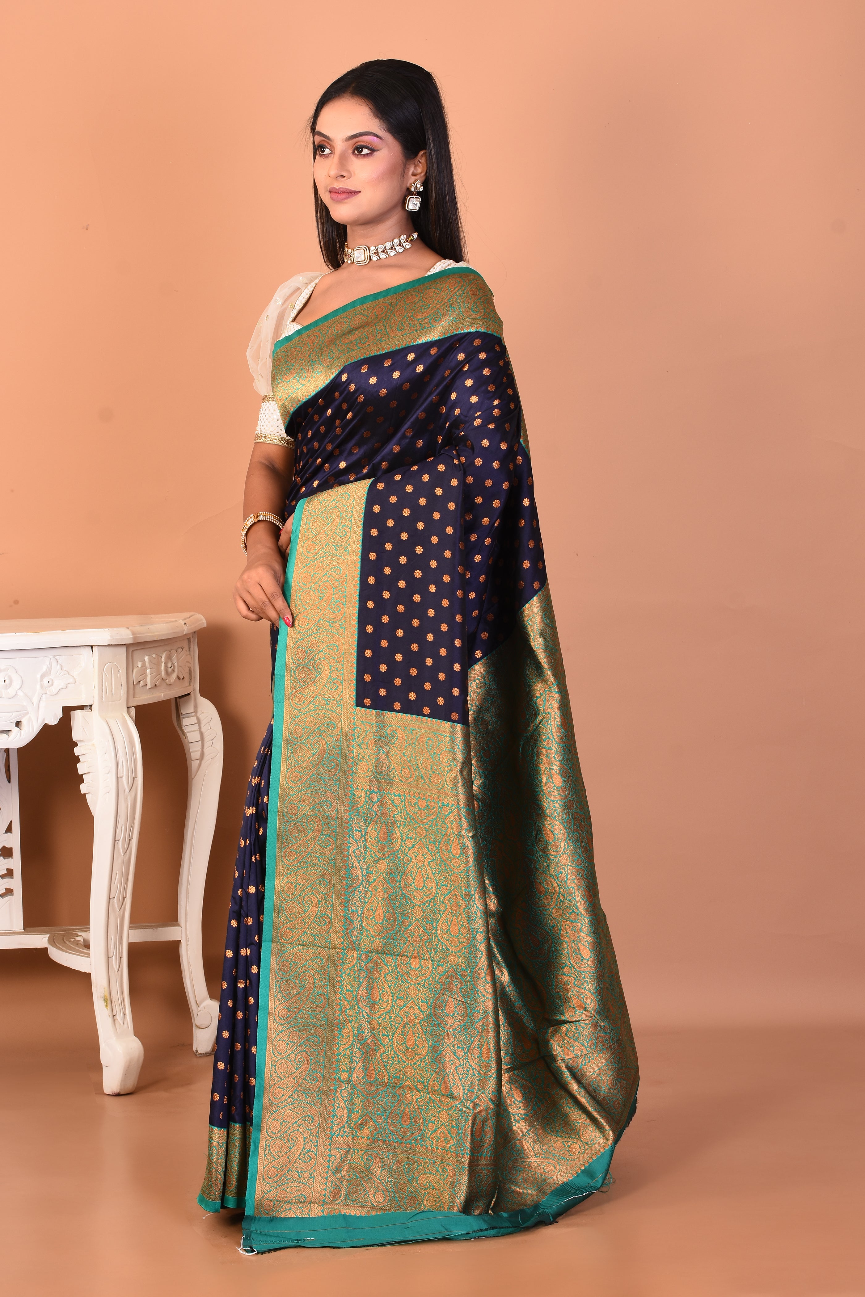 Navy Blue Blended Katan Silk Saree - Keya Seth Exclusive