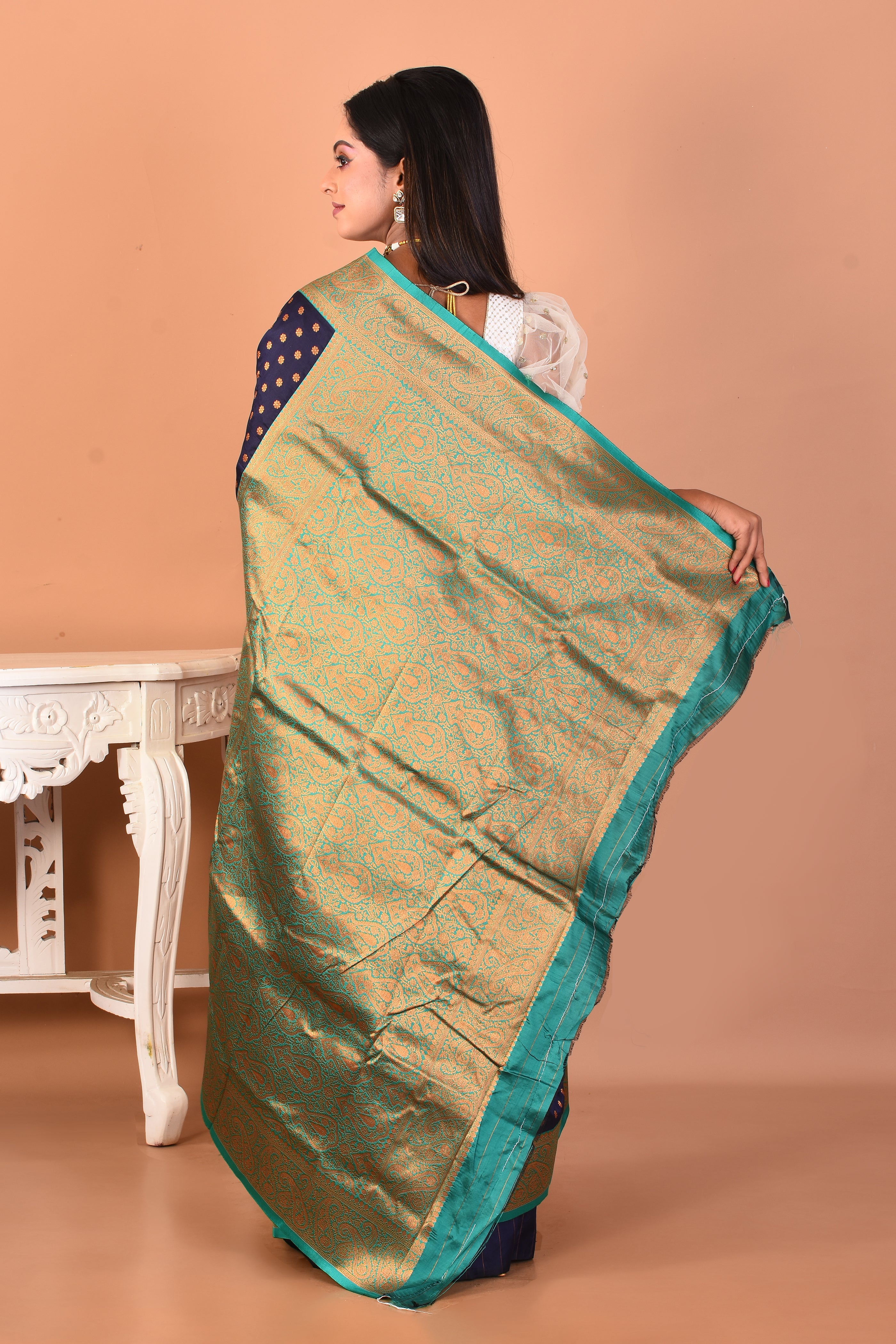 Navy Blue Blended Katan Silk Saree - Keya Seth Exclusive
