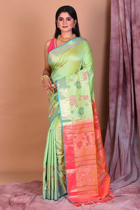 Light Green Art Silk Saree with Golden Borders - Keya Seth Exclusive