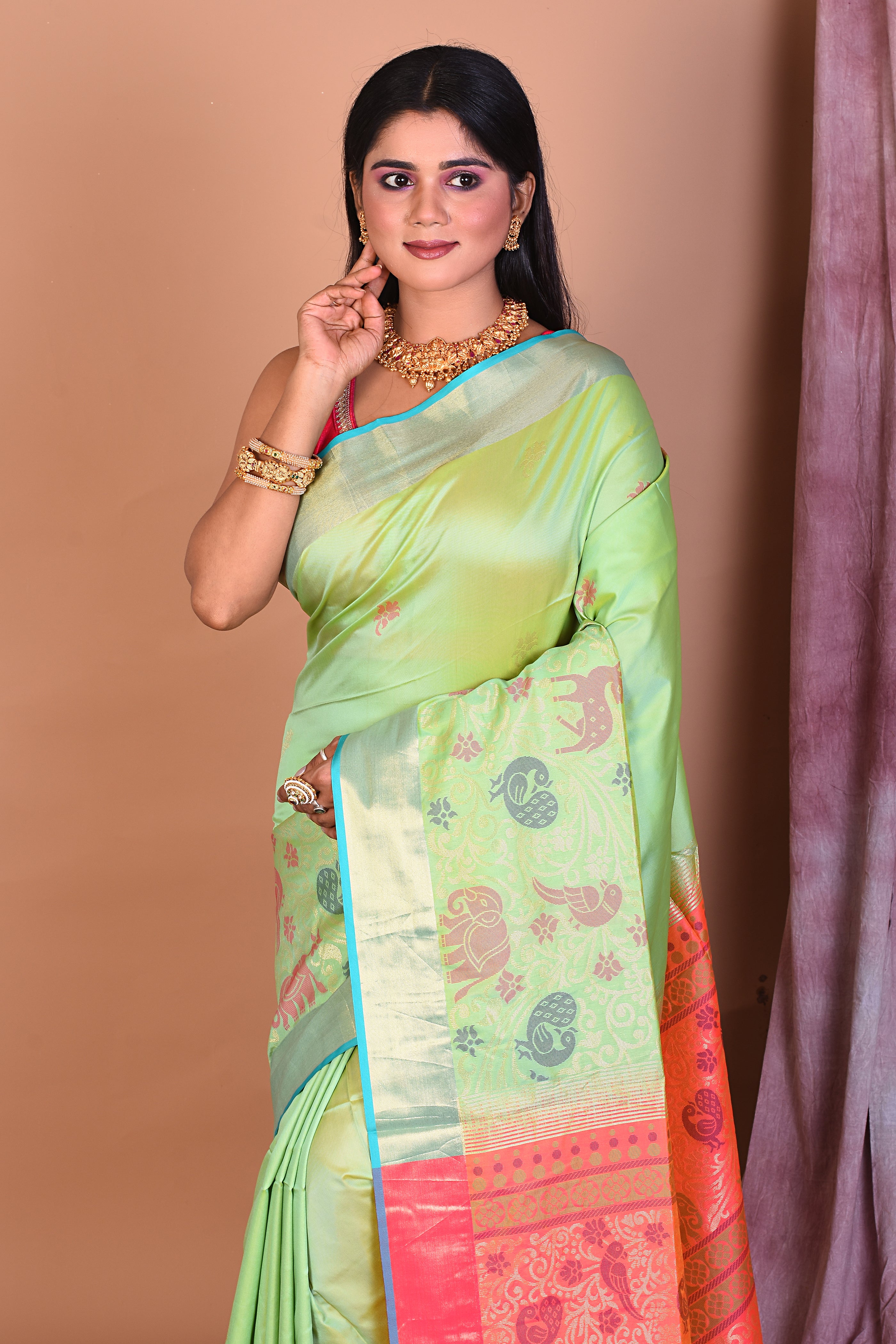 Light Green Art Silk Saree with Golden Borders - Keya Seth Exclusive