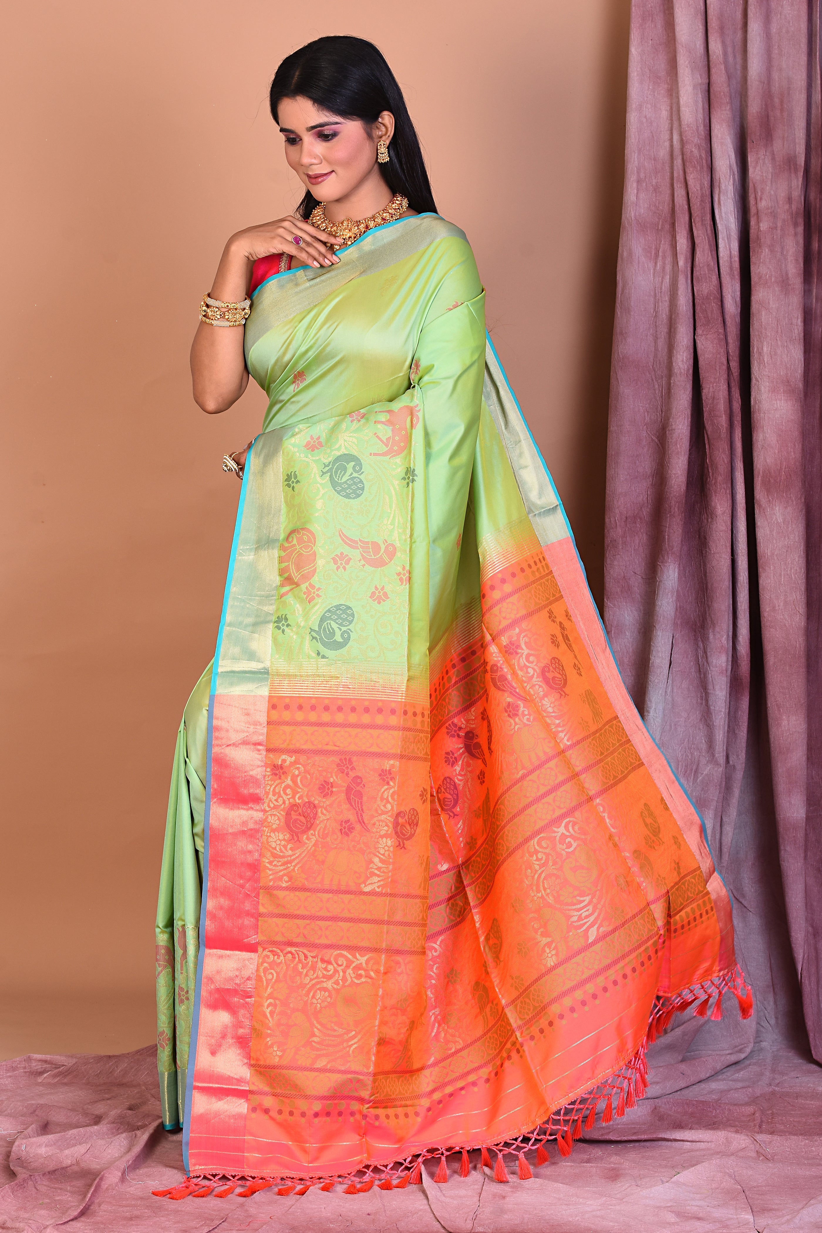 Light Green Art Silk Saree with Golden Borders - Keya Seth Exclusive