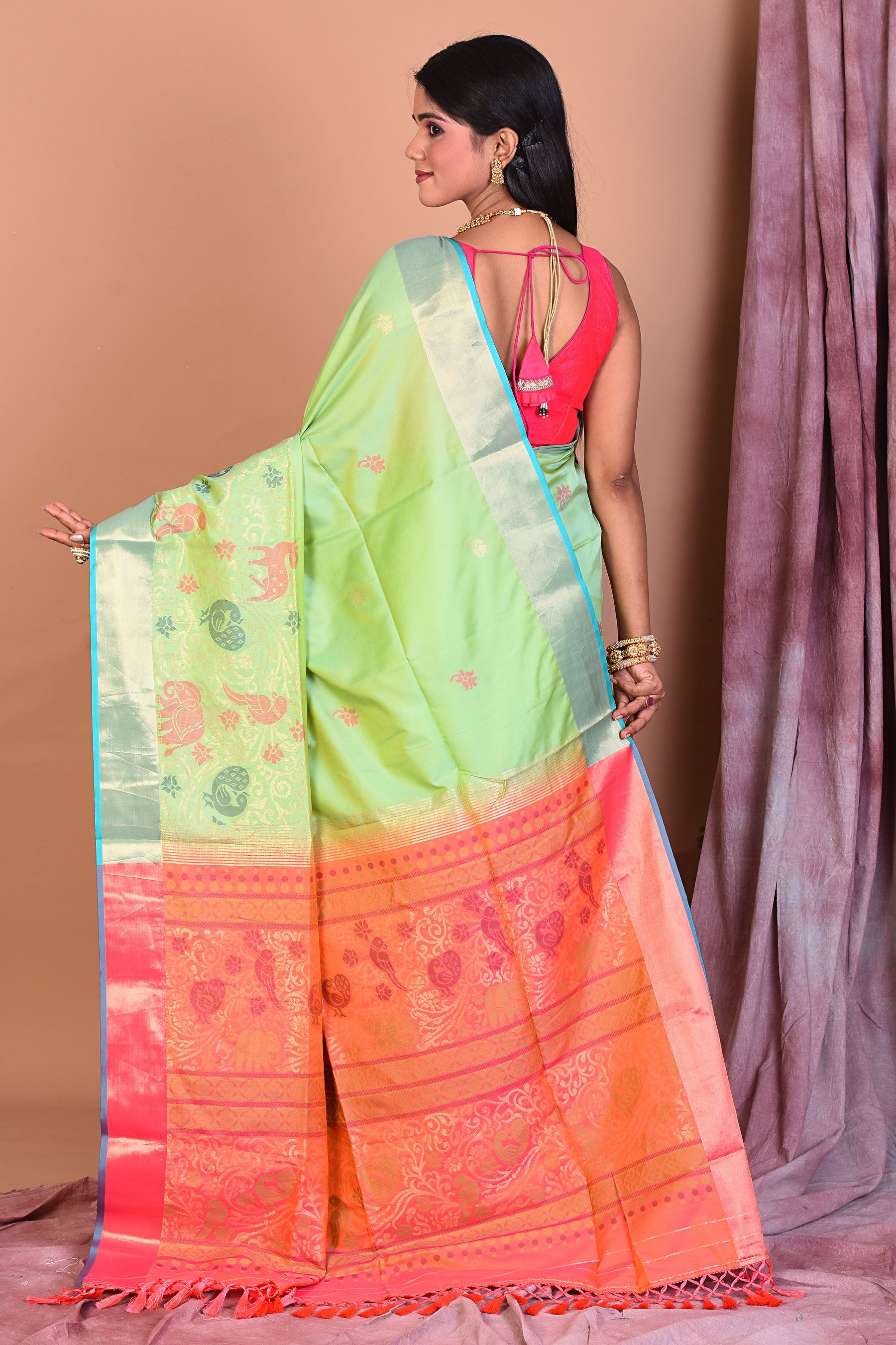 Light Green Art Silk Saree with Golden Borders - Keya Seth Exclusive