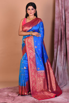 Designer Royal Blue Art Silk Saree with Pink Borders - Keya Seth Exclusive