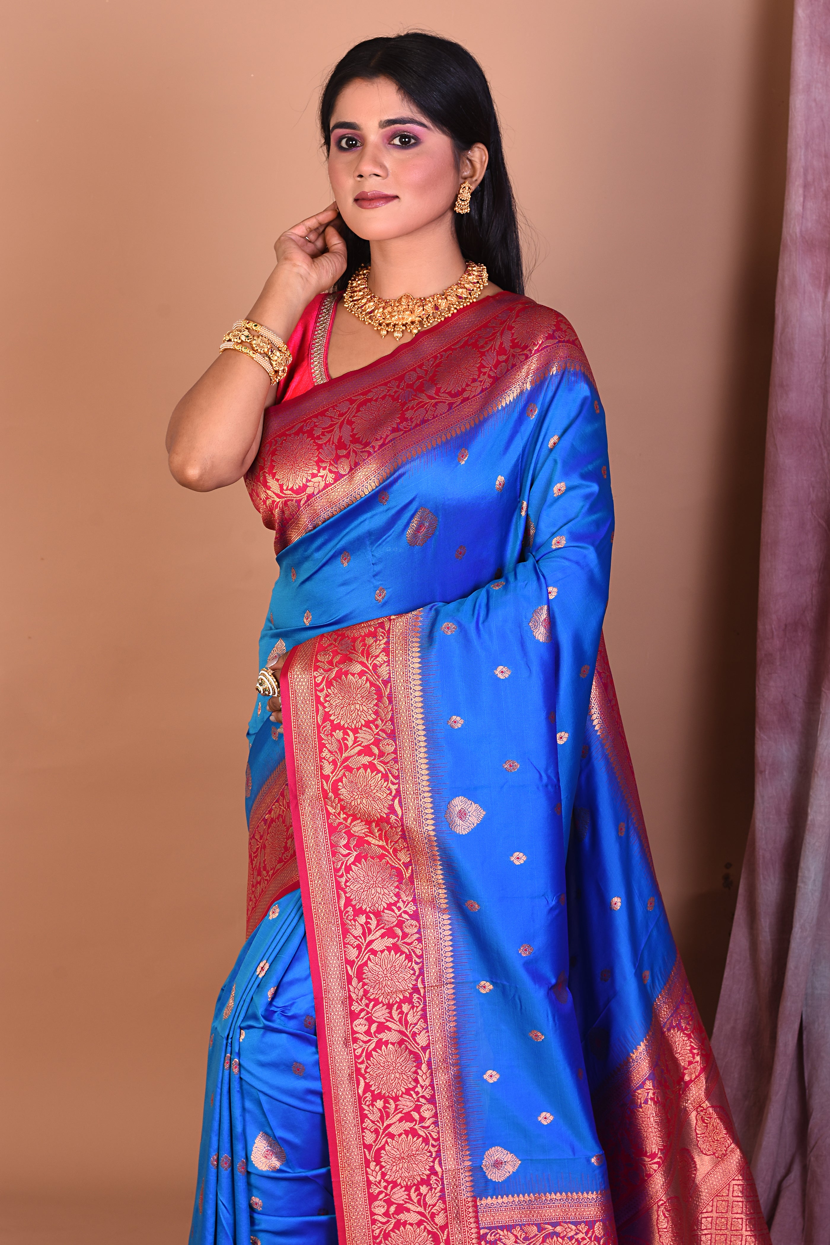 Designer Royal Blue Art Silk Saree with Pink Borders - Keya Seth Exclusive