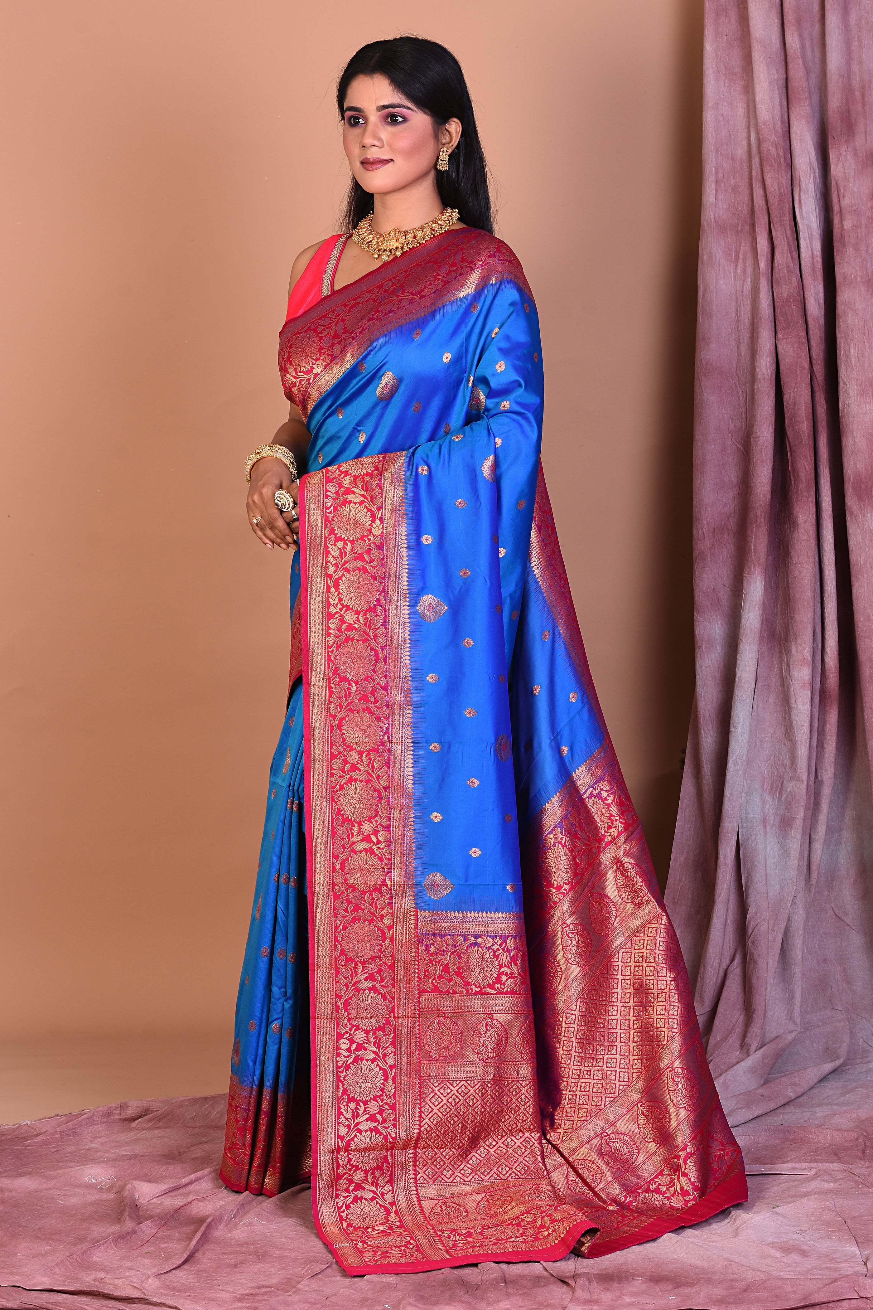 Designer Royal Blue Art Silk Saree with Pink Borders - Keya Seth Exclusive