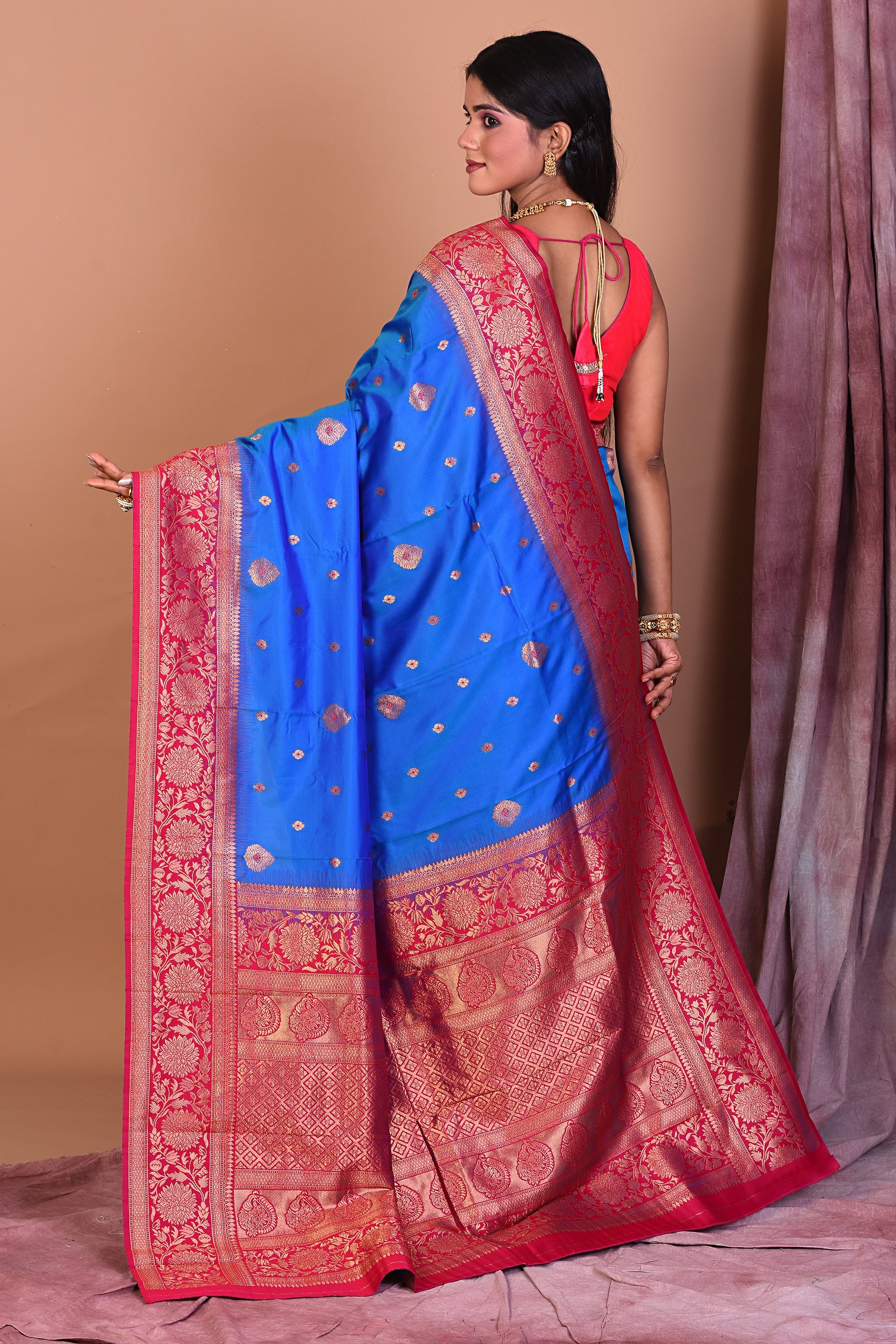 Designer Royal Blue Art Silk Saree with Pink Borders - Keya Seth Exclusive