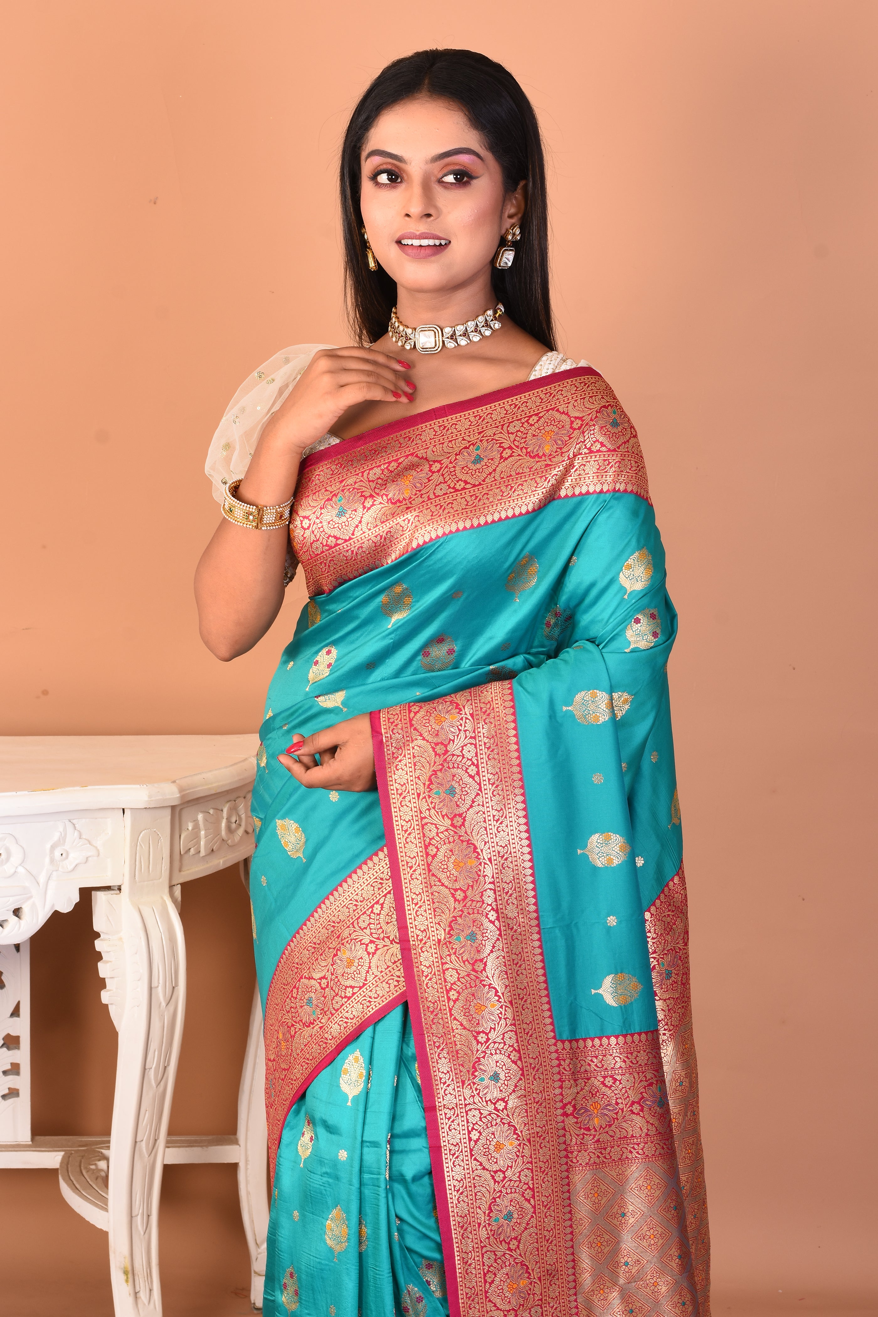 Sea Green Blended Katan Silk Saree - Keya Seth Exclusive