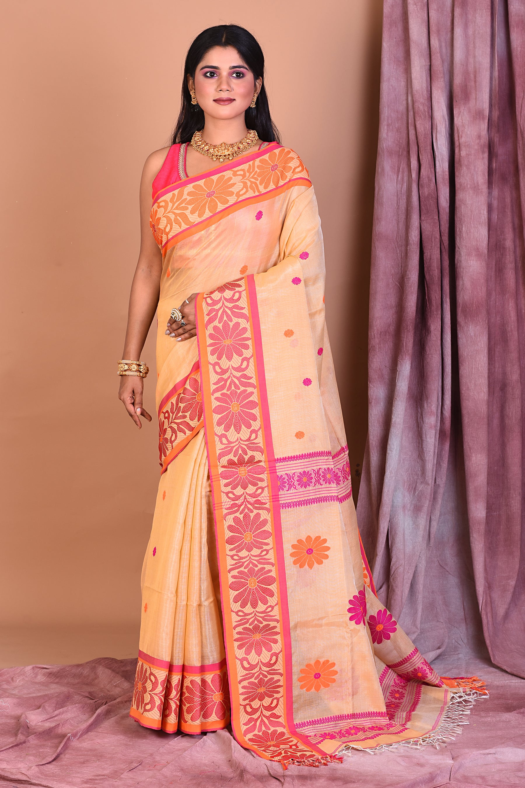 Beige Blended Tussar Saree with Threadwork - Keya Seth Exclusive