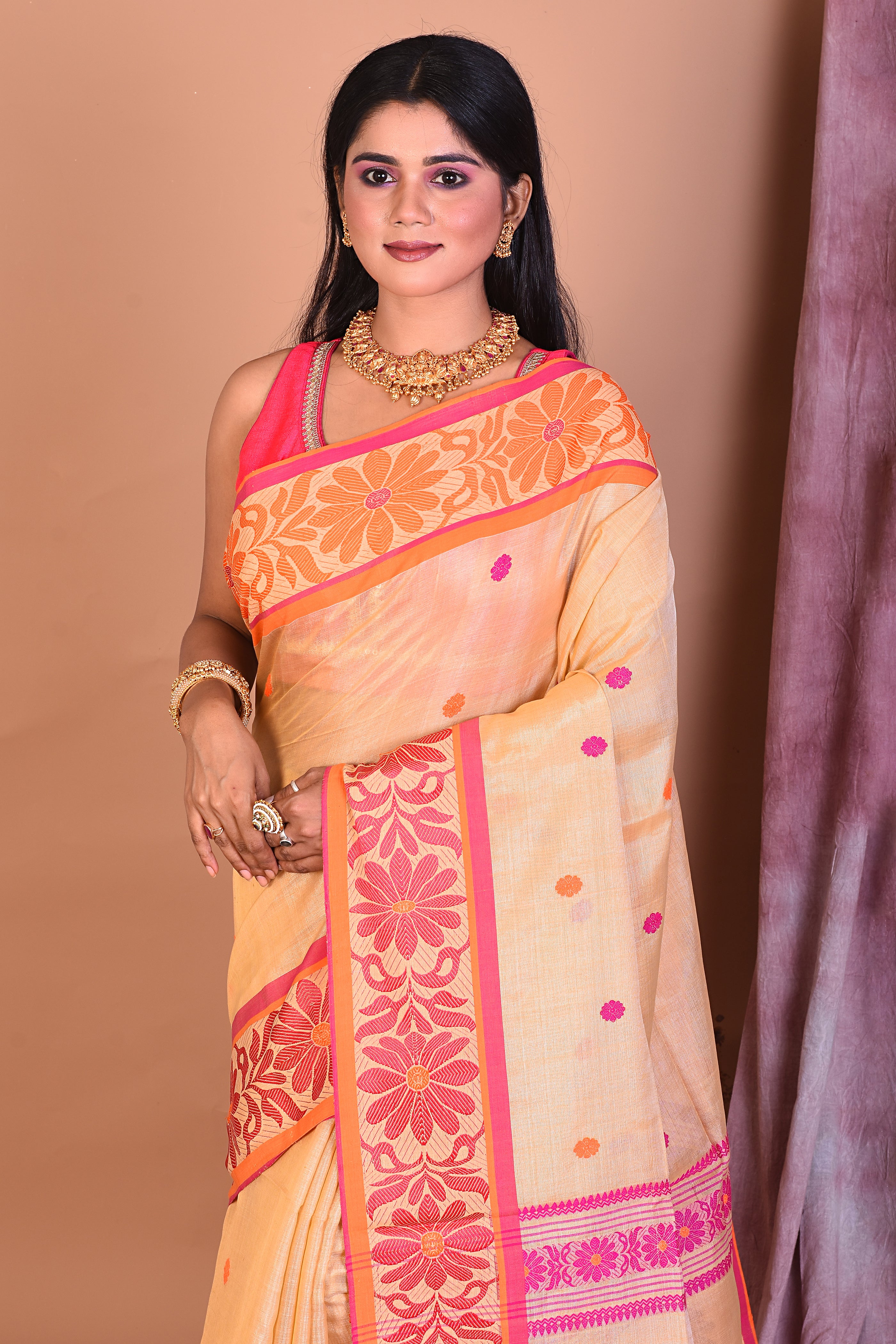 Beige Blended Tussar Saree with Threadwork - Keya Seth Exclusive