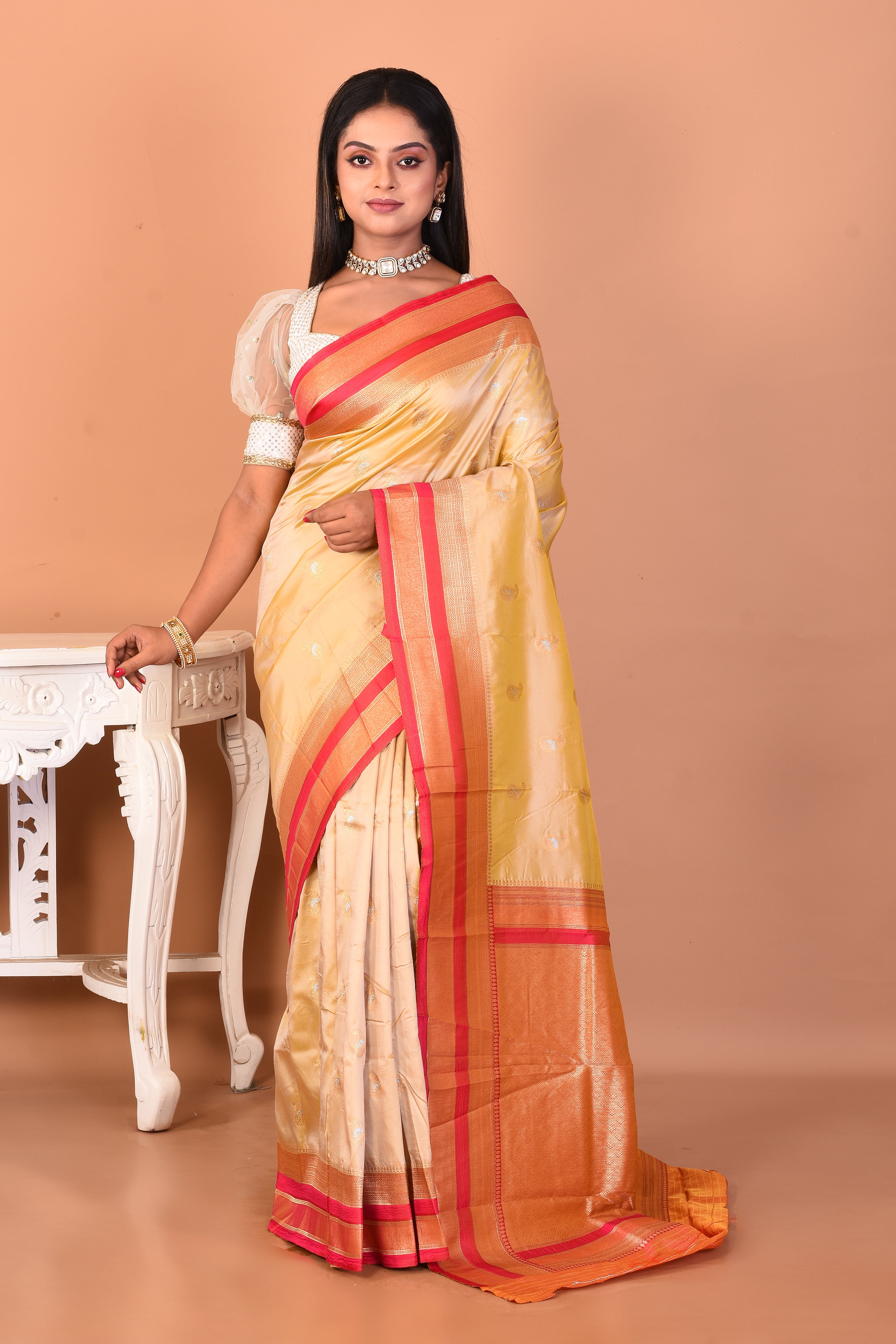 Cream Blended Katan Silk Saree - Keya Seth Exclusive