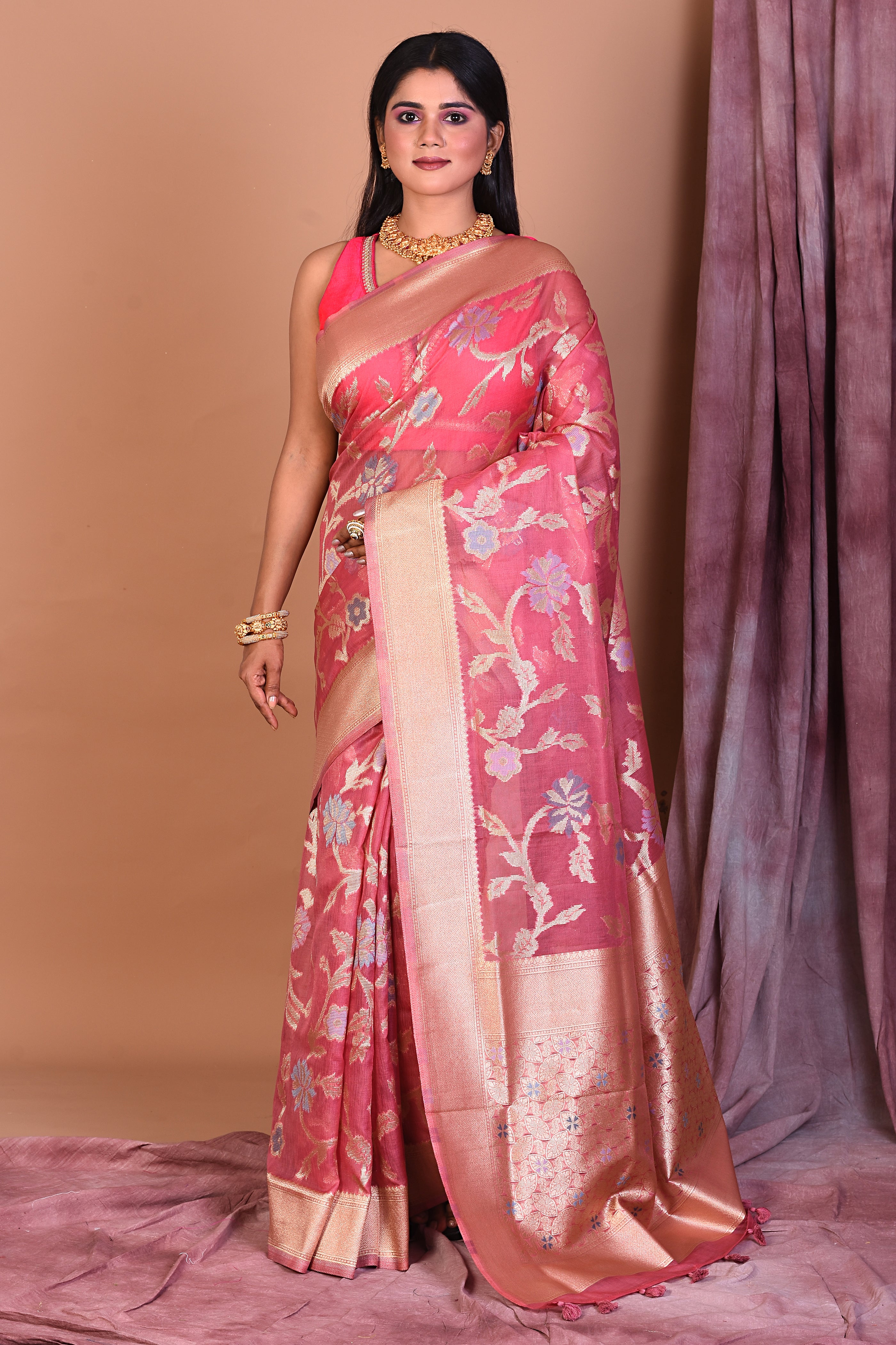 Soft Pink Blended Organza Saree with Golden Borders - Keya Seth Exclusive