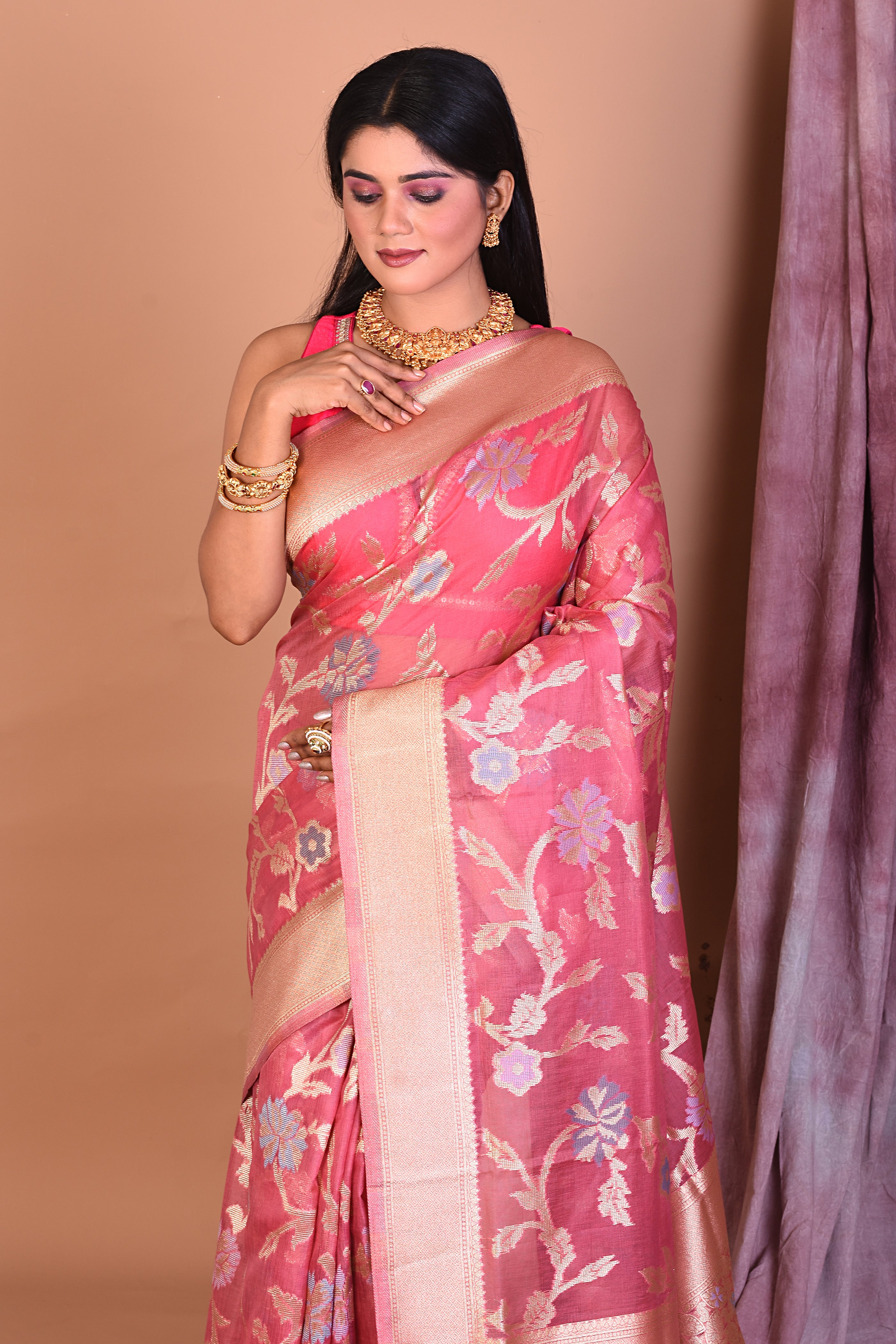 Soft Pink Blended Organza Saree with Golden Borders - Keya Seth Exclusive