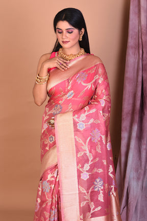 Soft Pink Blended Organza Saree with Golden Borders - Keya Seth Exclusive