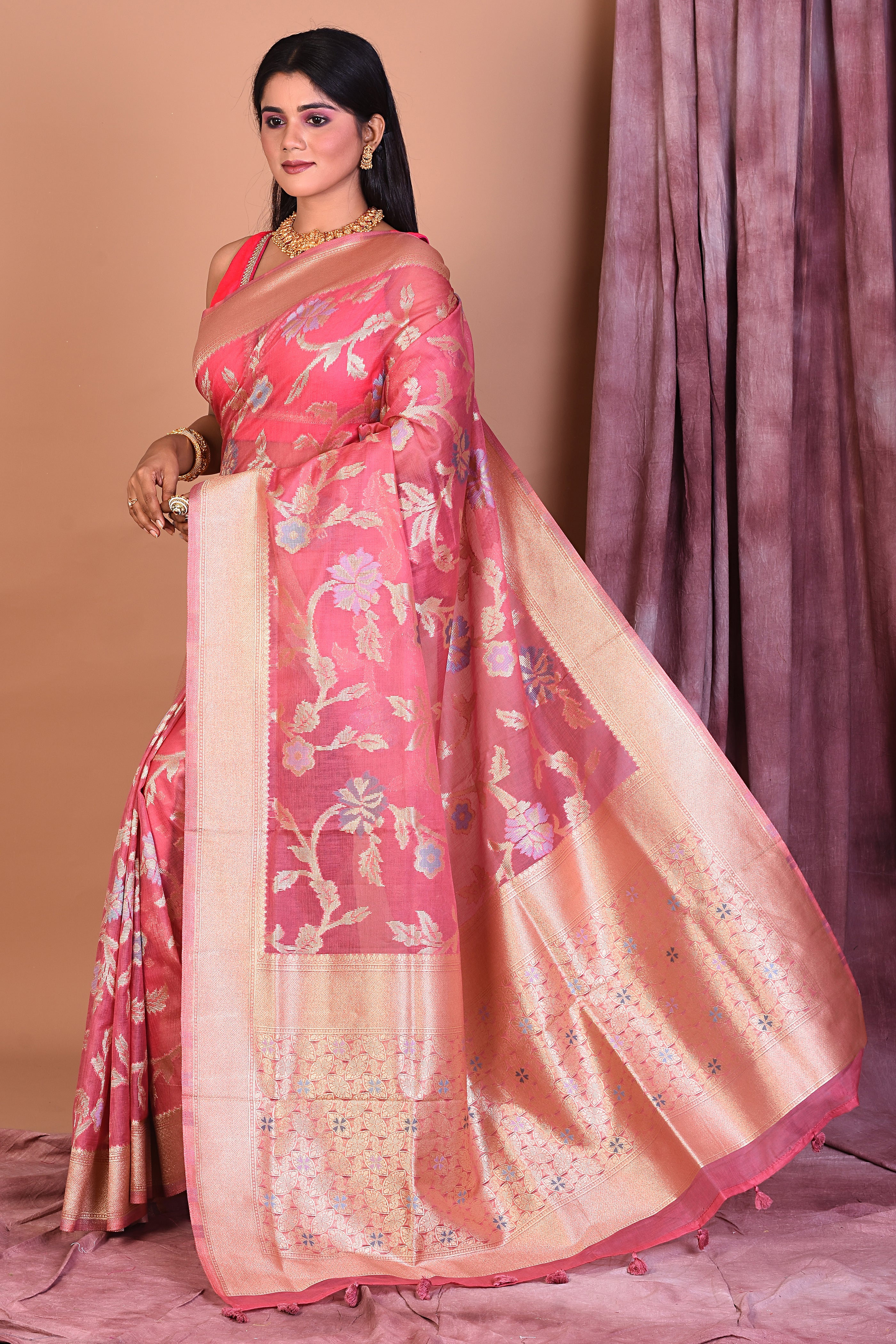 Soft Pink Blended Organza Saree with Golden Borders - Keya Seth Exclusive